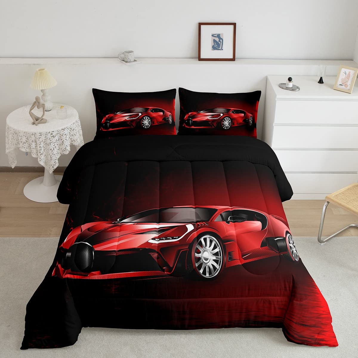 Feelyou Sports Car Comforter Red Race Car Comforter Set For Kids Boys Girls Extreme Sports Theme Bedding Set Cool Speed Luxury C