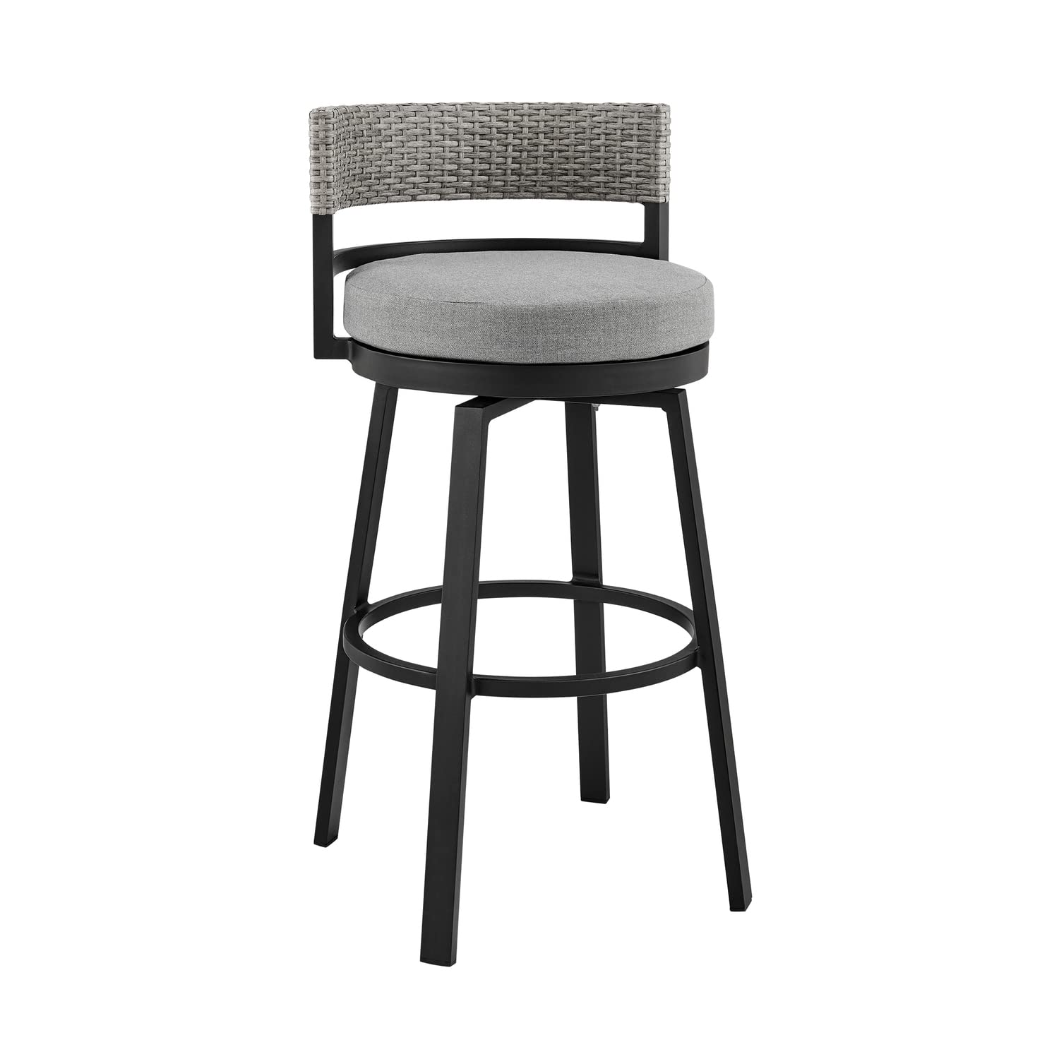 Armen Living Encinitas Modern Indoor Outdoor Patio Swivel Counter Chair Bar Stool in Black Aluminum Metal with Gray Wicker and C