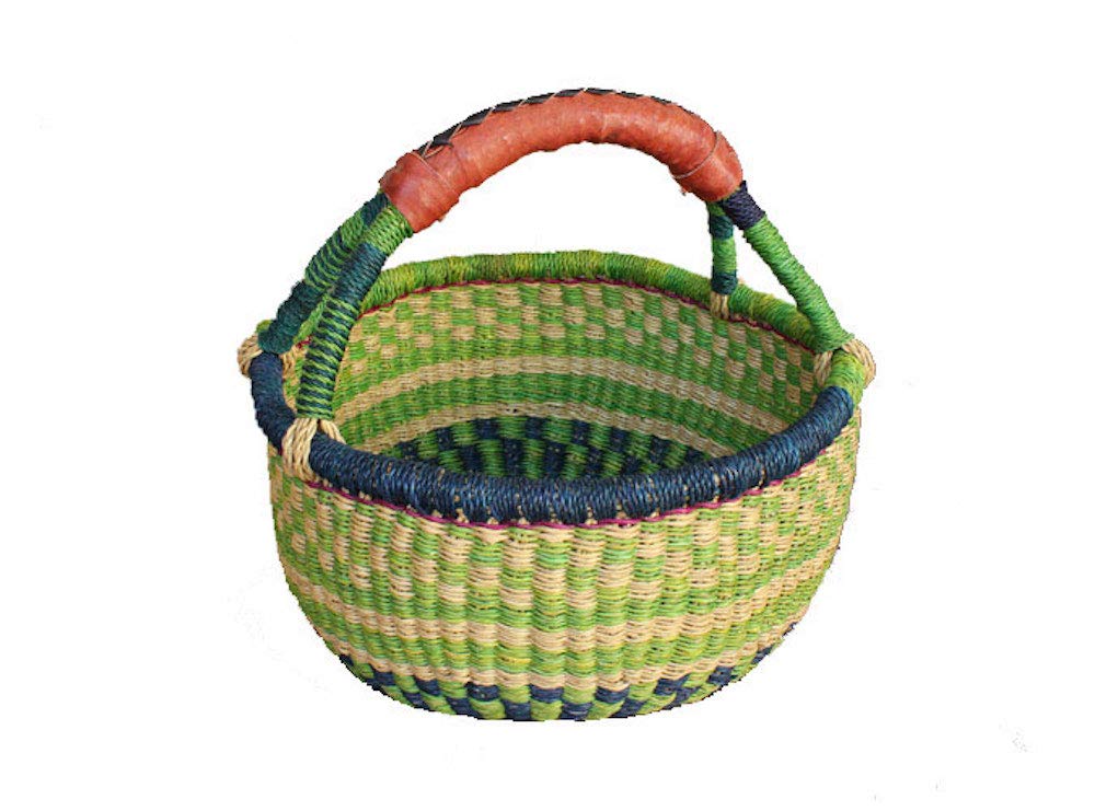 African Market Basket, Small Round Woven Straw Basket with Handle Fair Trade Storage Container