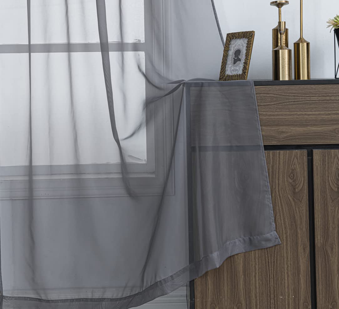 Pi Short Sheer Curtains 45 Inches Long With Rod Pocket,Casual Voile Sheer Window Treatment For Study/Office 2 Panels (W52 X L45, Dark Grey)