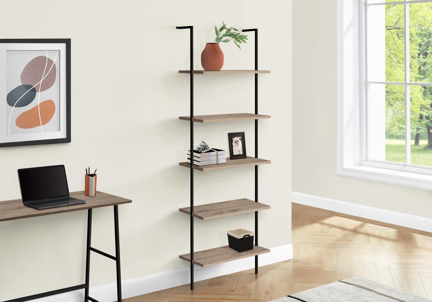 Monarch Specialties I 3682 Bookshelf, Bookcase, Etagere, Ladder, 5 Tier, 72&quot; H, Office, Bedroom, Metal, Laminate, Brown, Black, Contemporary, Modern