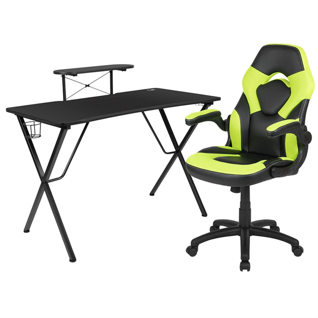 Flash Furniture Black Gaming Desk And Green/Black Racing Chair Set With Cup Holder, Headphone Hook, And Monitor/Smartphone Stand