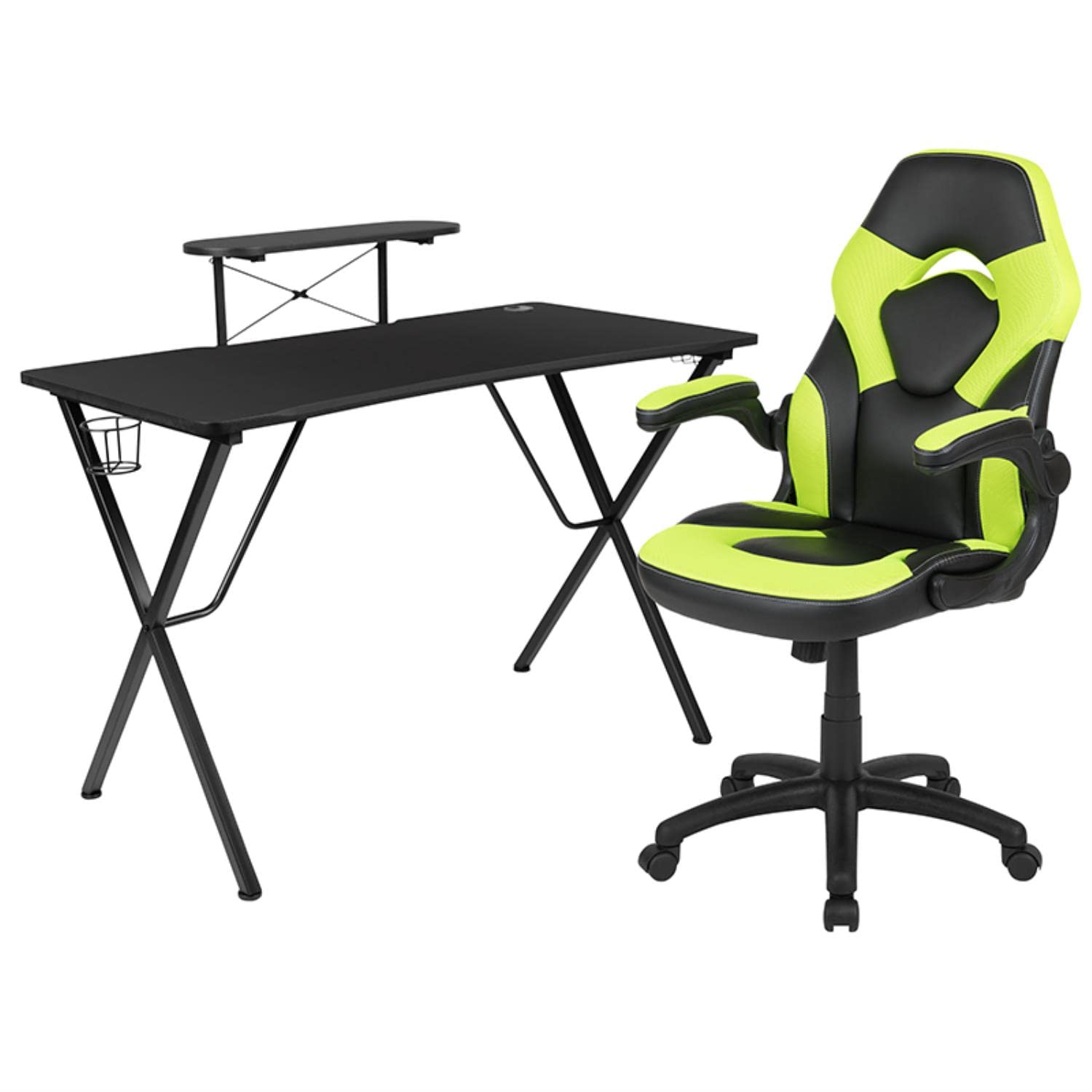 Flash Furniture Black Gaming Desk And Green/Black Racing Chair Set With Cup Holder, Headphone Hook, And Monitor/Smartphone Stand