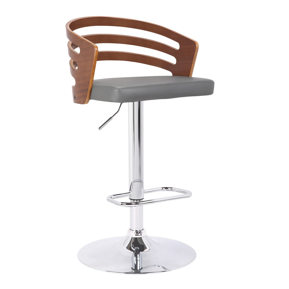 HomeRoots Poplar, Faux Leather, Chrome Metal Gray Faux Leather Walnut Wood and Chrome Adjustable Swivel Bar Stool