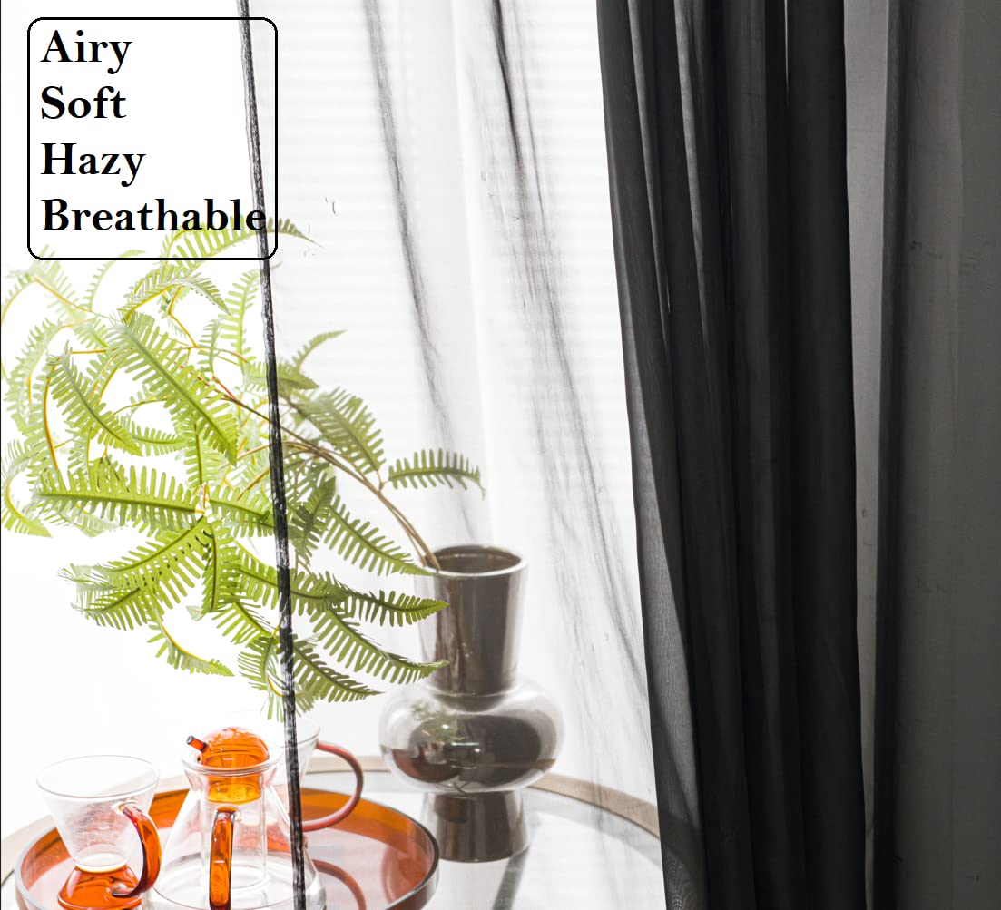 Pi Sheer Curtains 63 Inches Length With Grommet,Soft Voile Modern Sheer Window Curtain For Kitchen/Office 2 Panels (W52 X L63, Black)