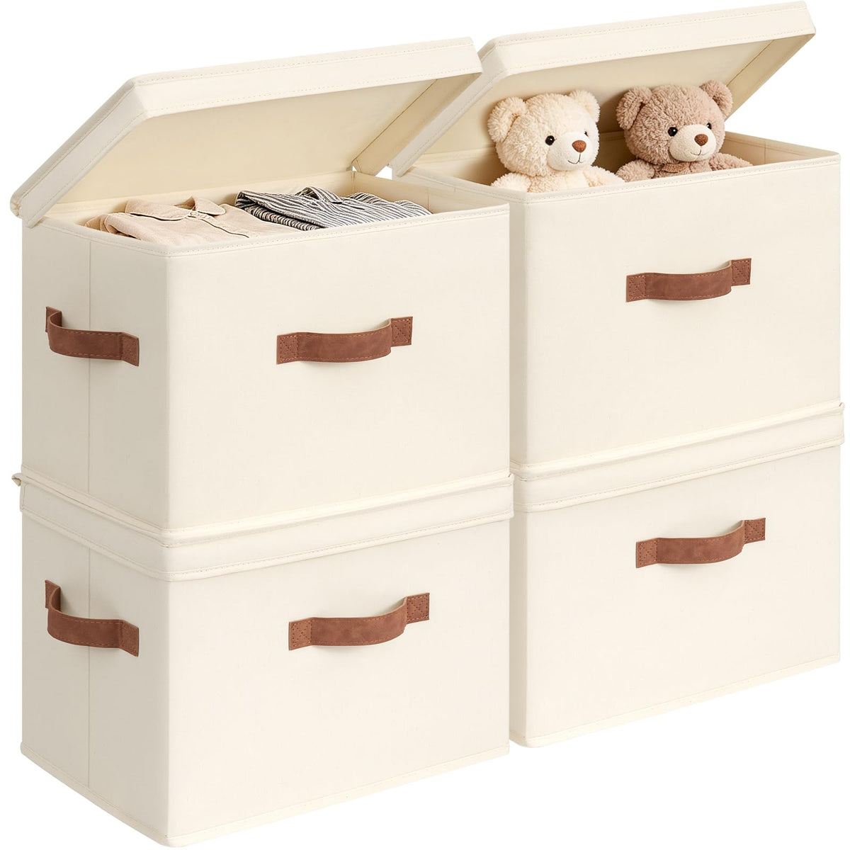 CHICVITA 4Pack Medium Fabric Storage Baskets with Lids for Shelves,Ivory