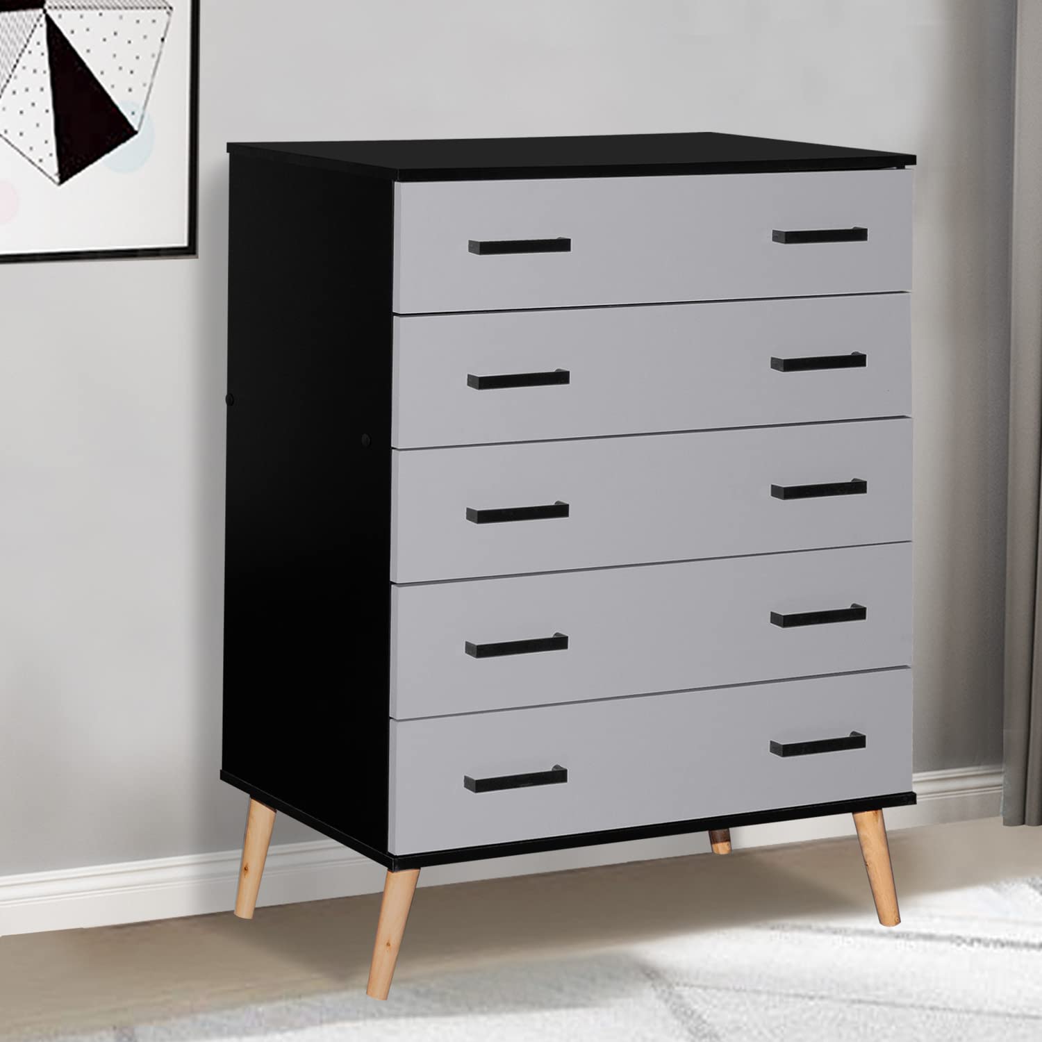 Better Home Products Eli Mid-Century Modern 5 Drawer Chest In Black & Light Gray