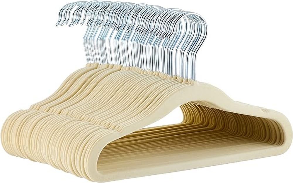 Amazon Basics Kids Velvet, Non-Slip Clothes Hangers for Infant and Toddler, 11.6 Inches (for baby clothes), Pack of 50, Beige