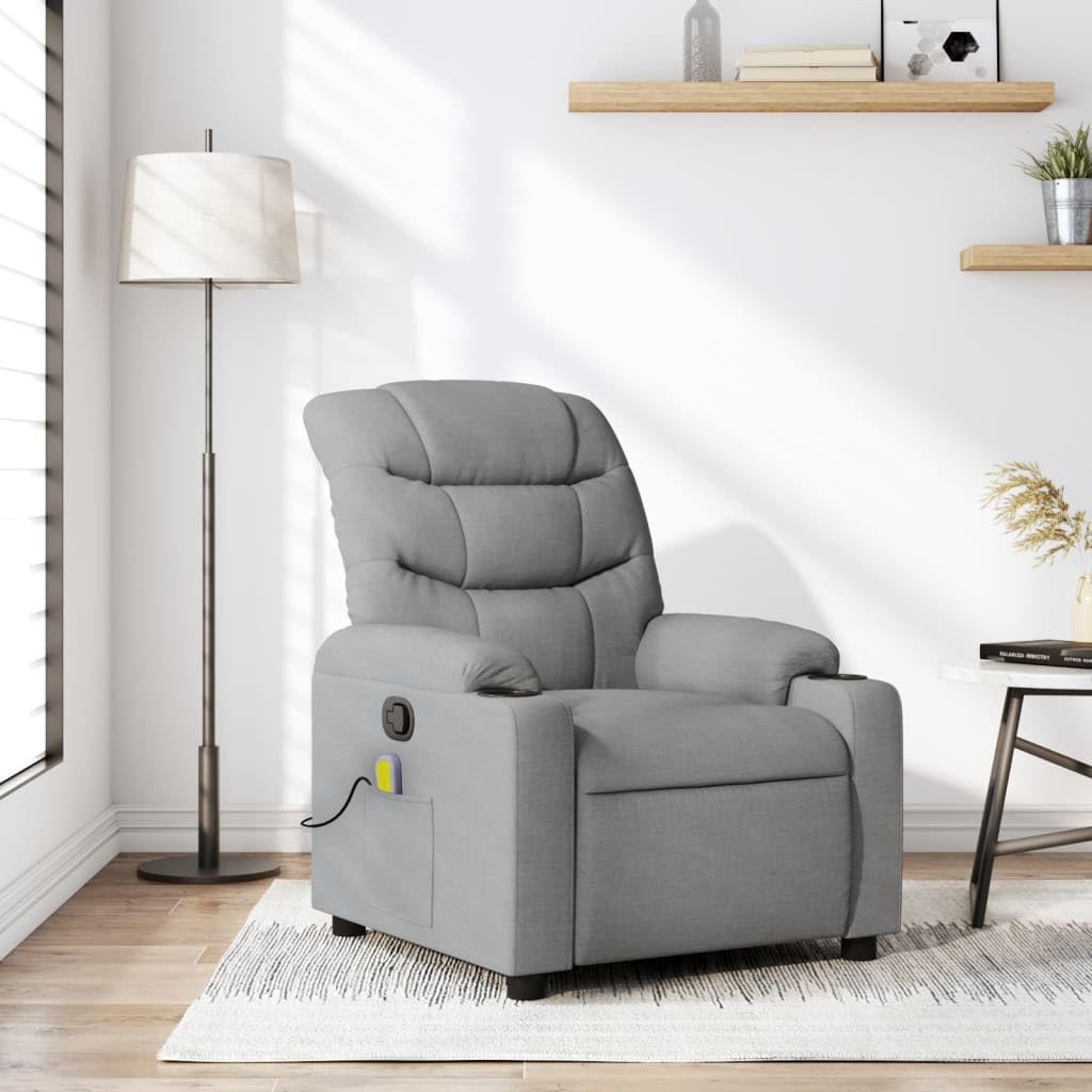 vidaXL Light Grey Massage Recliner Armchair - Fabric Single Sofa with Cup Holders, Side Pocket, Vibration Massage, Manual Recline