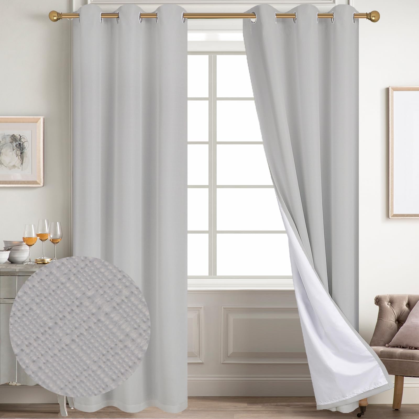 Diraysid 100% Blackout Curtains Light Grey Linen Curtains For Bedroom Grommet Thermal Insulated Room Darkening Drapes (2 Panels,