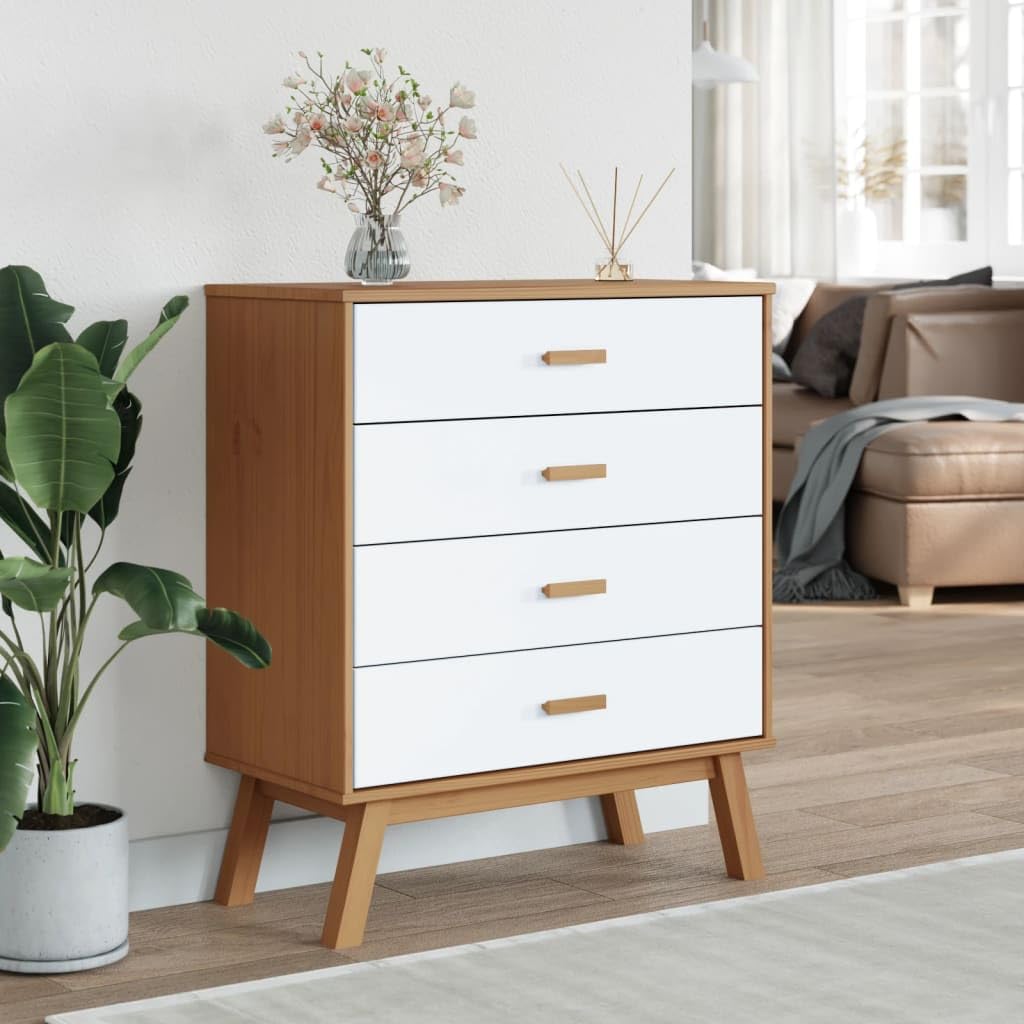 vidaXL Olden Drawer Cabinet - White/Brown Solid Pinewood, 4 Drawers, for Storage and Display in Living Room/Bedroom, 30.1&quot;x15.4&quot;x35.4&quot;