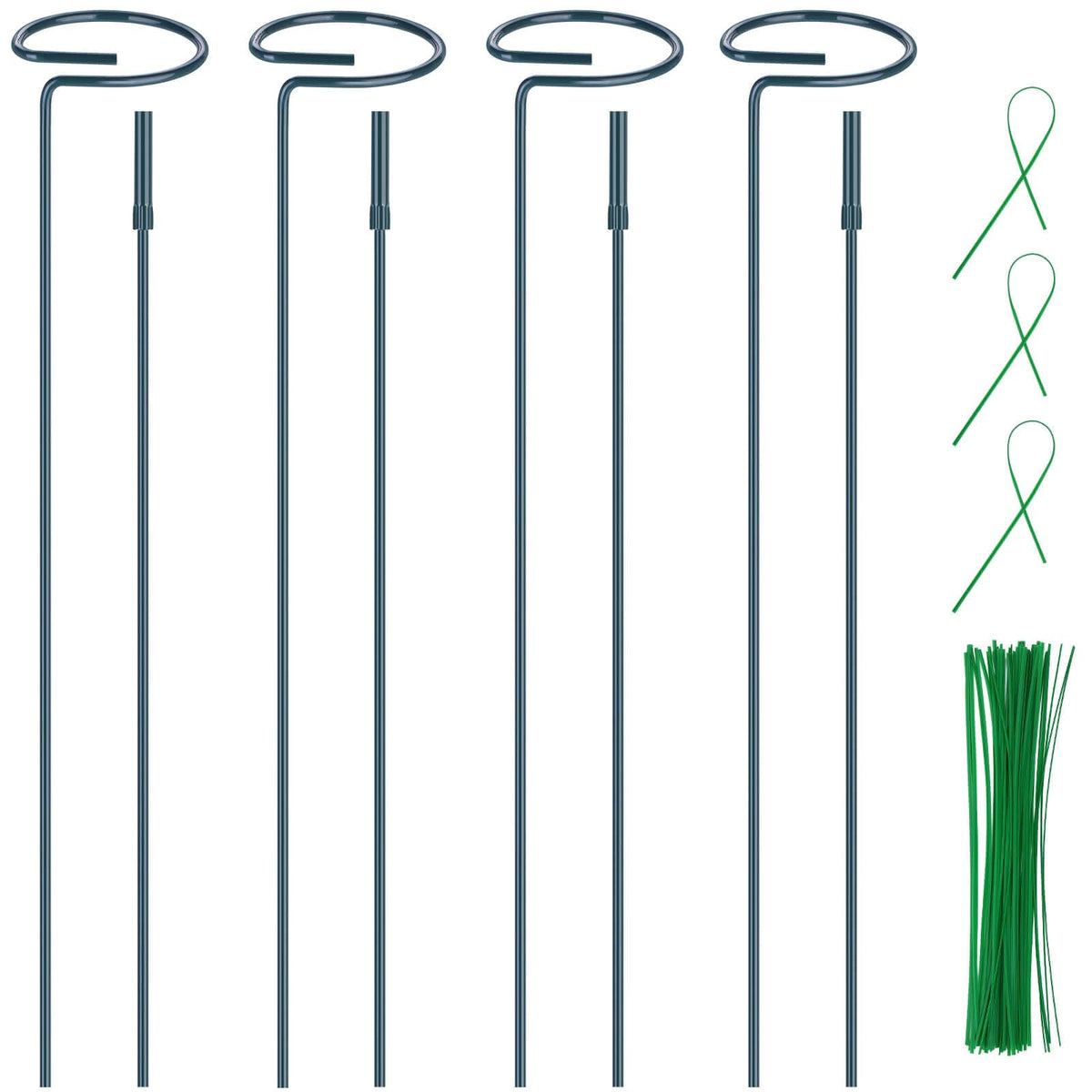 4 Pack (Diy) Plant Support Stakes, Two Sizes (16 Or 30 Inch) Plant Support Rings With 50 Pcs Plant Twist Ties, Garden Stake For