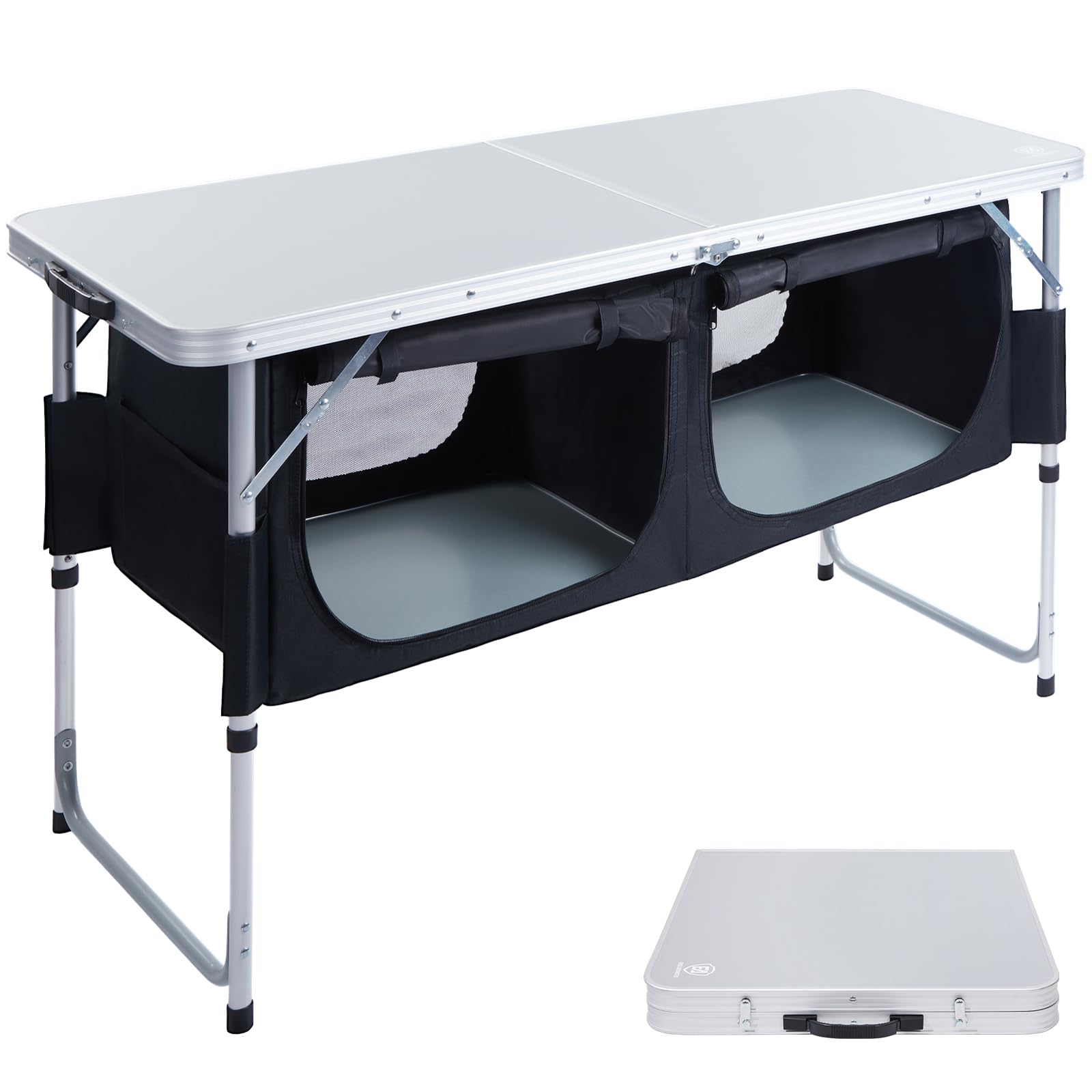 EVER ADVANCED Folding Camping Table with Storage, 4 ft * 2 ft Aluminum Composite Desktop & Adjustable Legs, Outdoor Kitchen Tabl