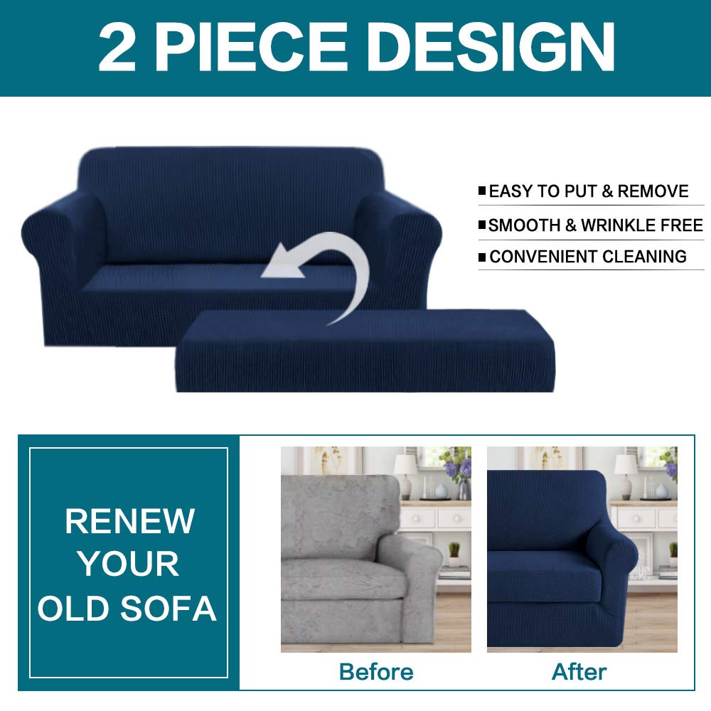Turquoize Stretch Sofa Slipcover 2 Pieces Sofa Cover Couch Cover For 2 Cushion Couch Washable Furniture Protector Covers With Elastic Bottom Feature Thick Jacquard Fabric (Loveseat, Navy)