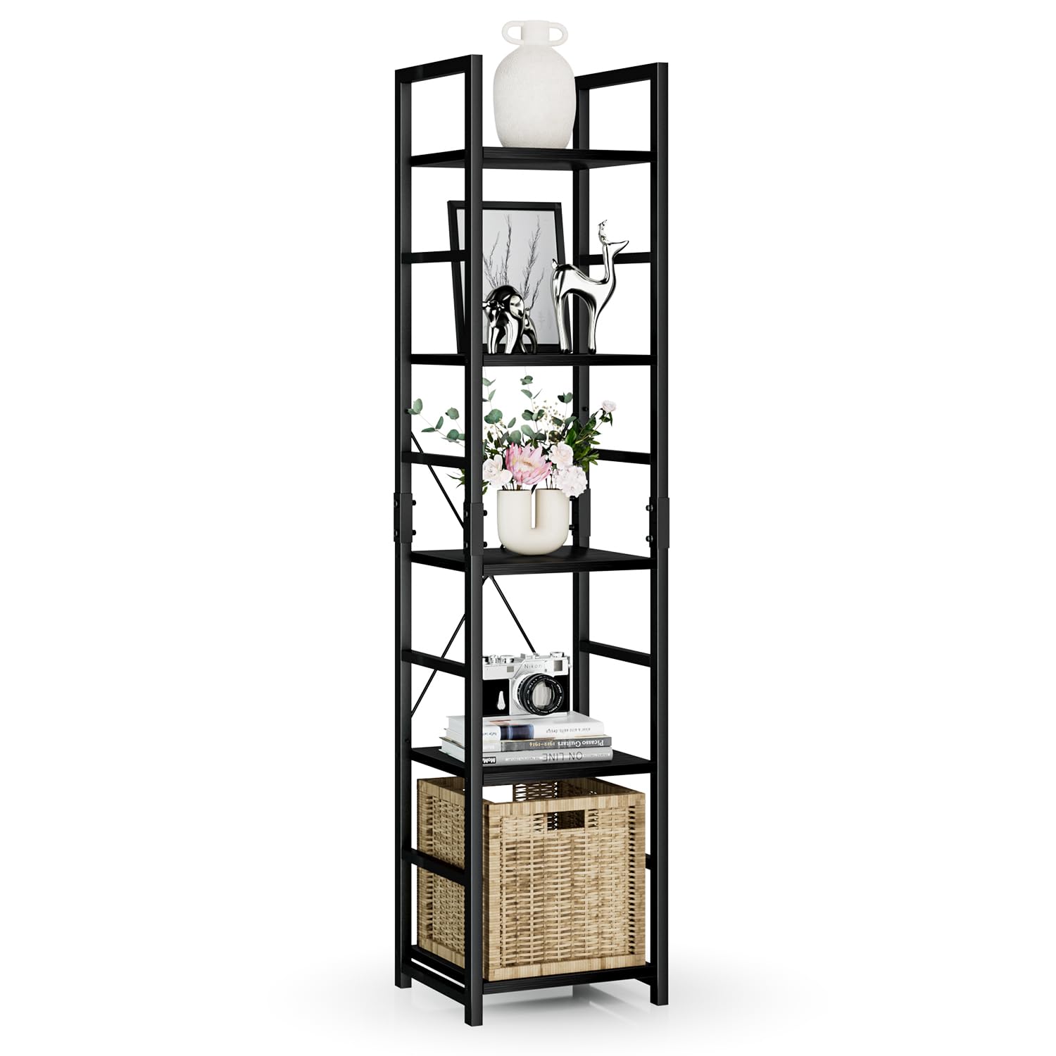 Numenn 5 Tier Slim Bookshelf, Tall Bookcase Shelf Storage Organizer, Modern Book Shelf For Bedroom, Living Room And Home Office, Black