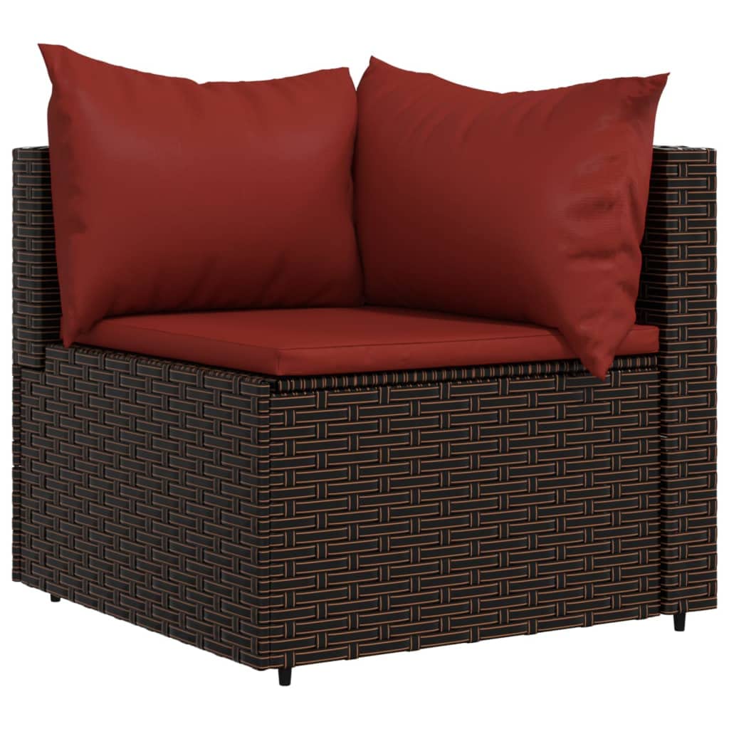 vidaXL Patio Corner Sofa with Cushions - Outdoor Furniture with Sturdy Steel Frame and Weather-Resistant Poly Rattan - Brown and Red