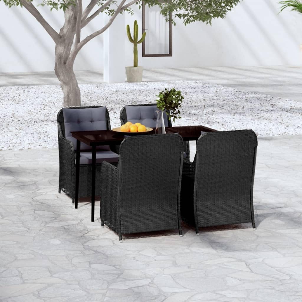 vidaXL Outdoor Dining Set - 5 Pieces - Black Patio Furniture - Glass Top Table - PE Rattan Chairs with Dark Grey Cushions