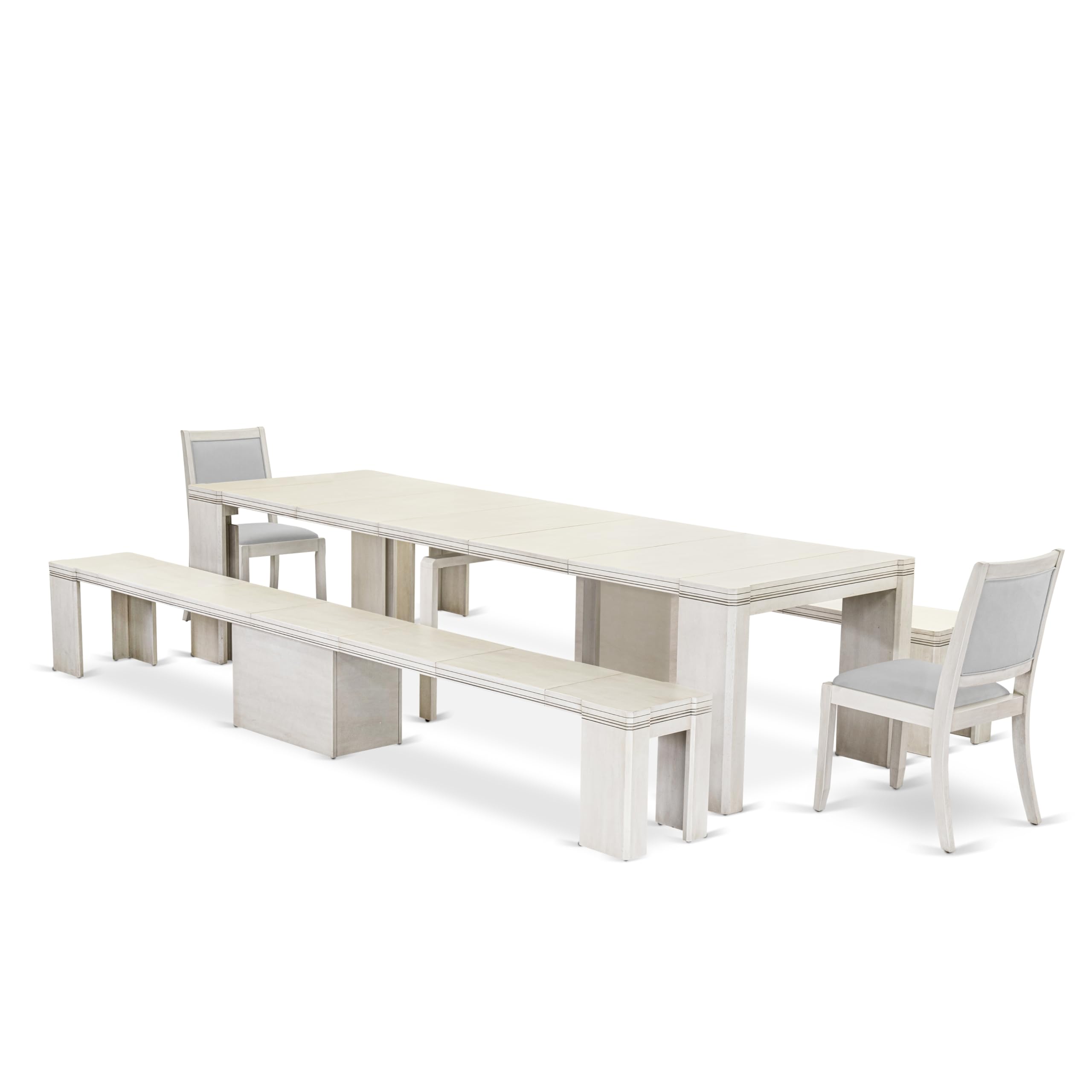 Luxe by East West Furniture - X02X2-20W-27 - 5 Pieces Dining Room Table Set includes an Extendable Rectangle Kitchen Table, 2 Stackable Chairs and 2 Modern Benches, 39x120 Inch, Antique White
