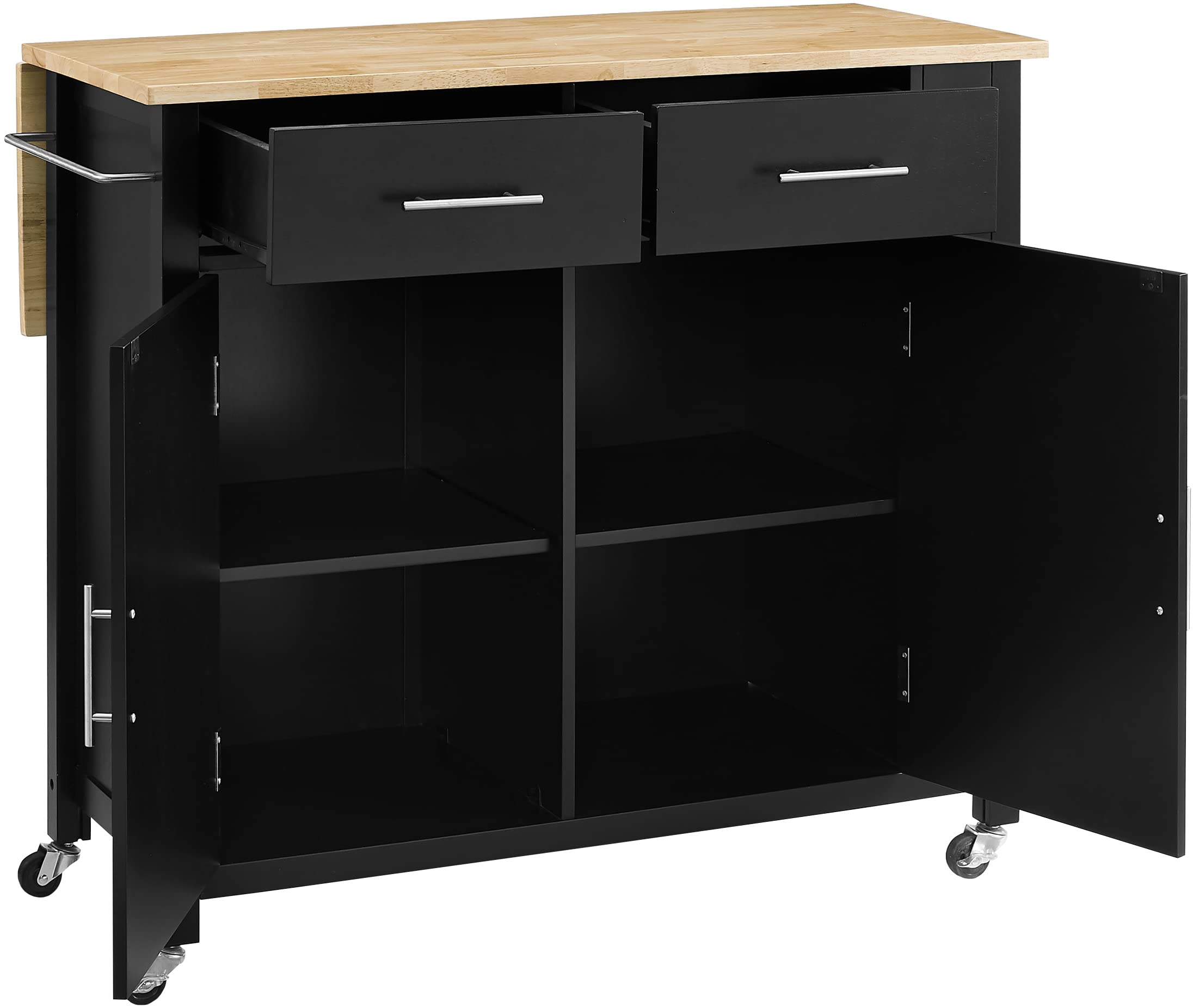 Crosley Furniture Savannah Wood Top Drop Leaf Rolling Kitchen Island Cart with Spice Rack and Shelves, Black