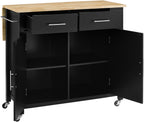 Crosley Furniture Savannah Wood Top Drop Leaf Rolling Kitchen Island Cart with Spice Rack and Shelves, Black