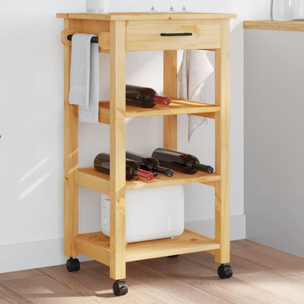 vidaXL Solid Wood Pine Kitchen Trolley Cart with Wheels, Rolling Storage Organizer with Drawers/Shelves/Hooks for Living Room, Bathroom, Study - Honey Wax Finish, 18.9&quot;x15.7&quot;x35.4&quot;