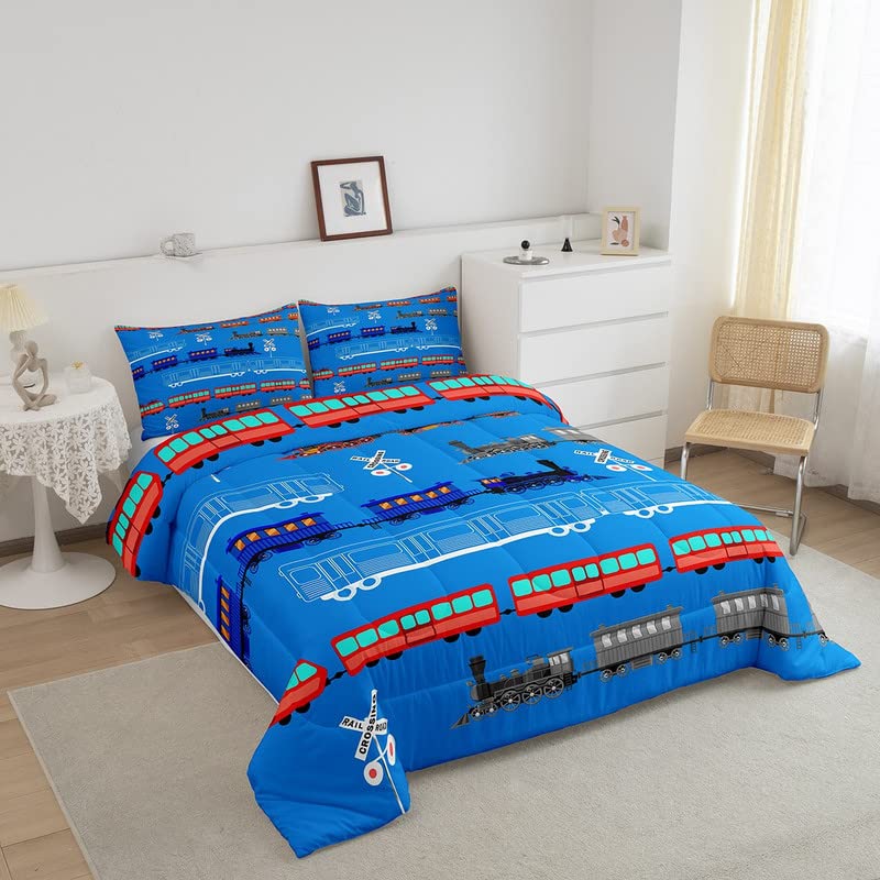Feelyou Cartoon Car Comforter Set For Kids Boys Girls Vintage Car Comforter Train Bedding Set Bedroom Decor Retro Steam Train Bl