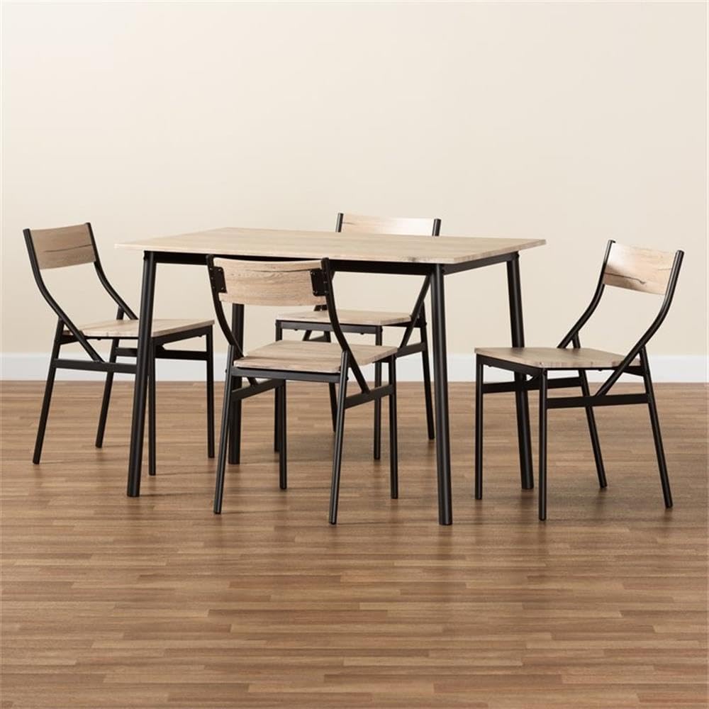 Baxton Studio Carmen Oak Brown Finished and Dark Brown Metal 5-Piece Dining Set