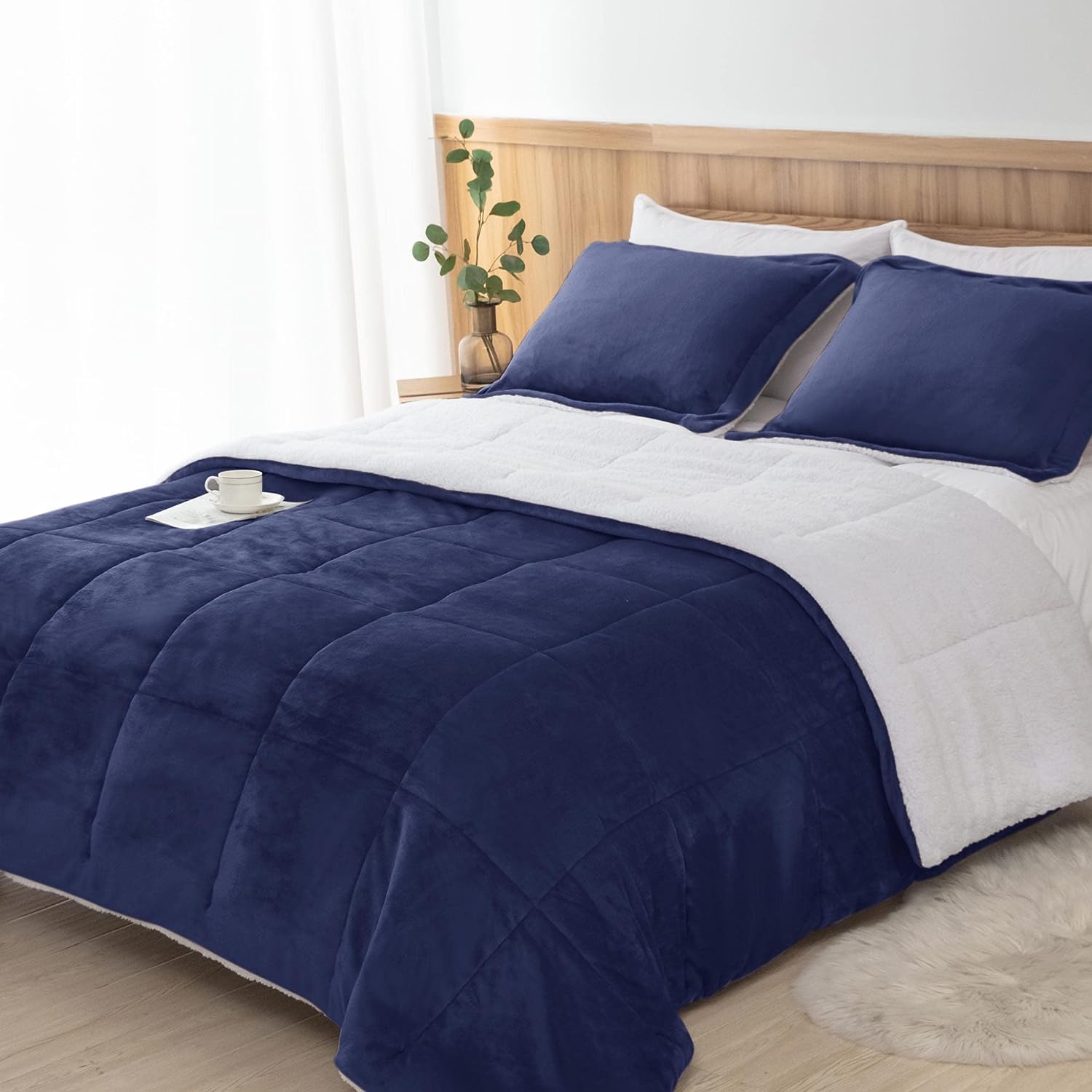 Seward Park Navy Blue Sherpa Comforter Set Twin Xl Size, All Season Soft Warm Fleece Blanket, Winter College Dorm Bedding Sets W