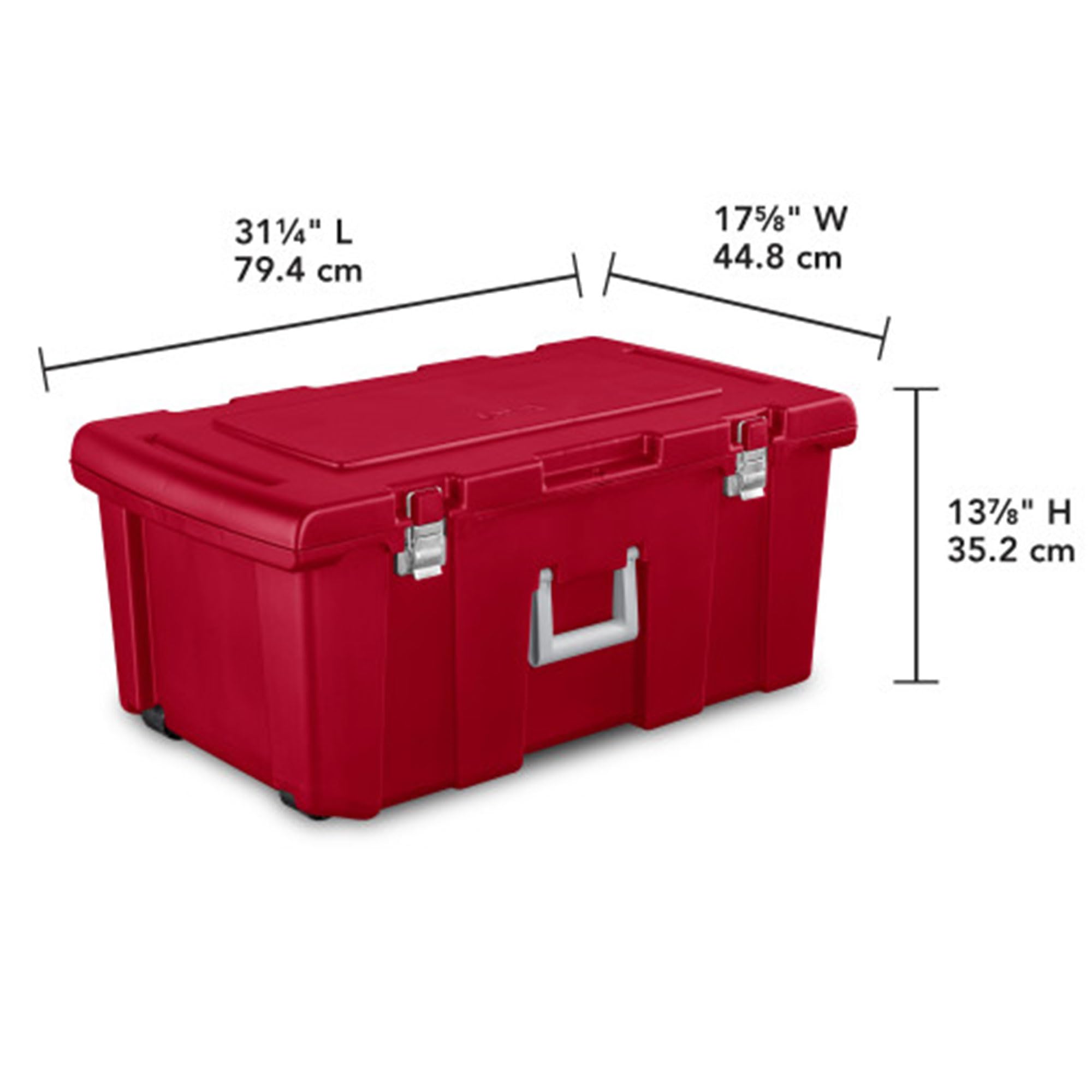 Sterilite 23 Gallon Lockable Storage Tote Footlocker Toolbox Container Box W/Wheels, Handles, Metal Hinges, & Latches, Infra Red
