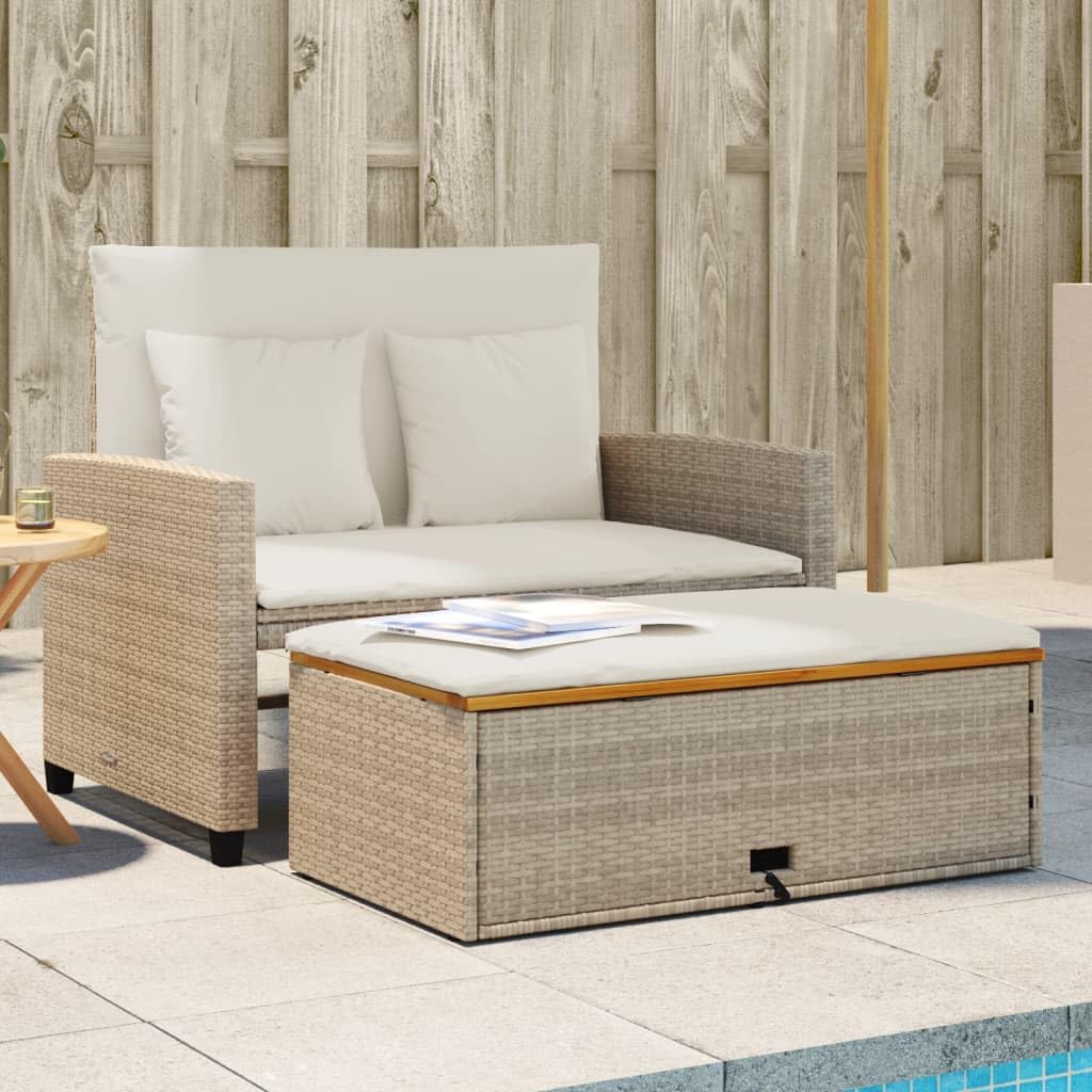 vidaXL Patio Sofa with Cushions - 2-Seater Beige Poly Rattan & Acacia Wood - Convertible Bench/Sofa Bed - Outdoor Garden Deck Furniture with Footstool & Storage