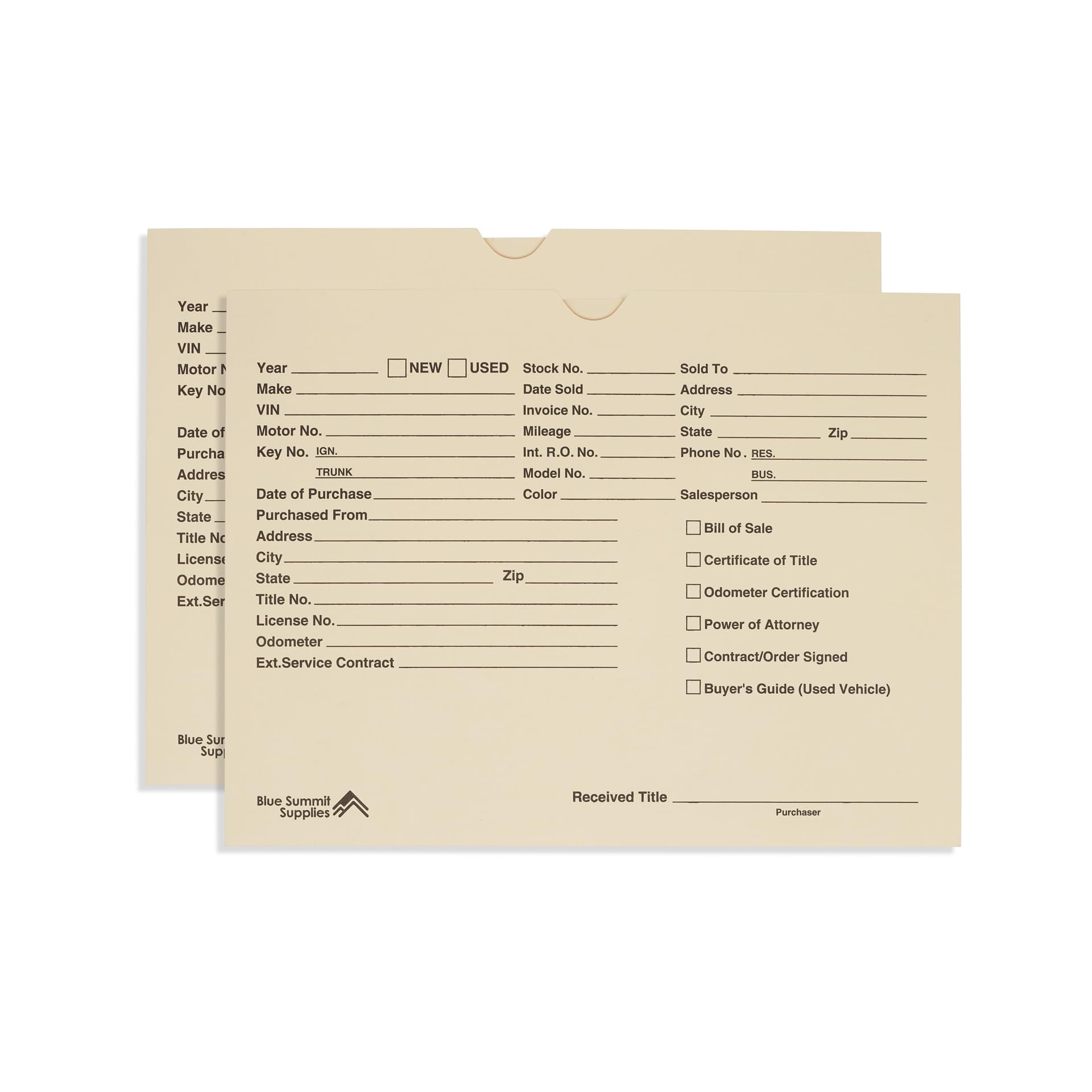 Blue Summit Vehicle Deal Jackets For Dealerships, Manila, Pre-Printed, Car Jacket, Pack Of 100 Dealer Record Envelopes