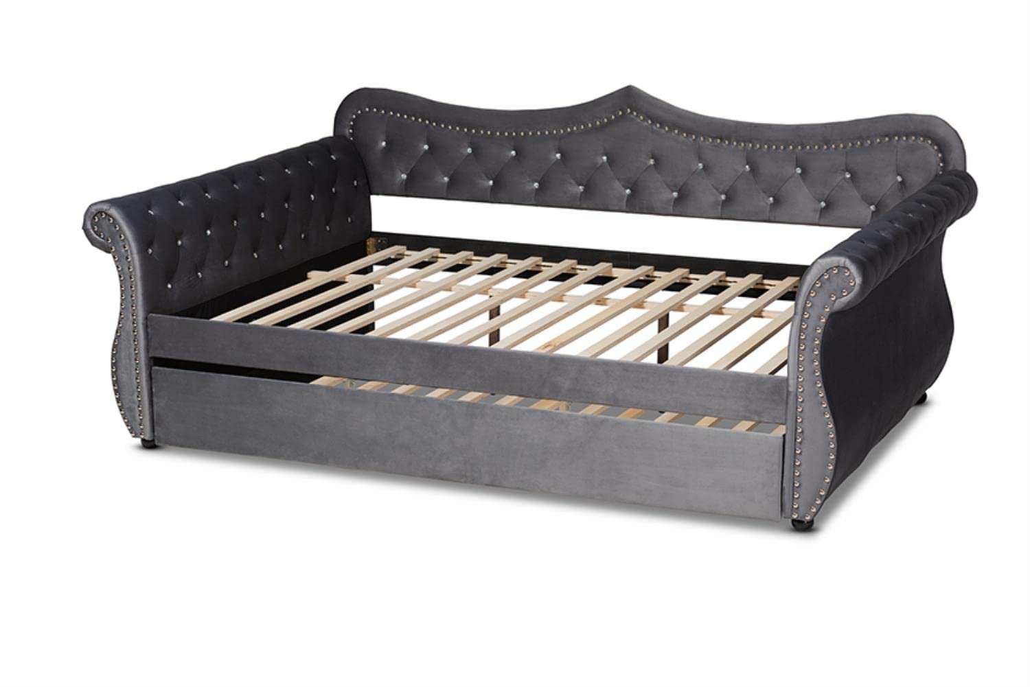 Baxton Studio Abbie Gray Velvet Crystal Tufted Full Wood Daybed with Trundle