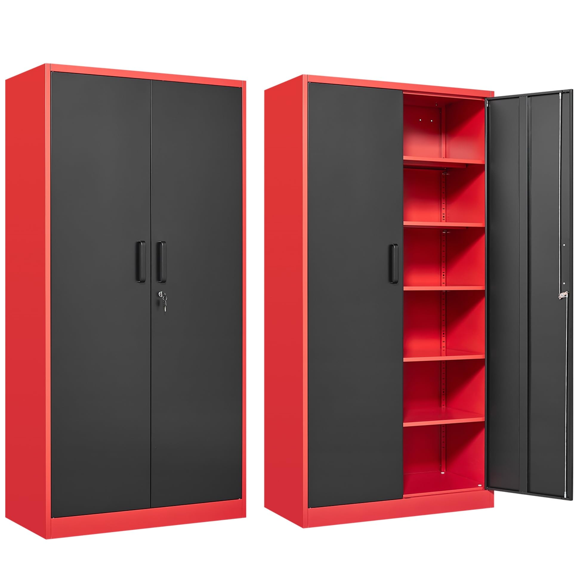 Garage Storage Cabinet With 5 Adjustable Shelves,Metal Storage Cabinet With Lock,Red Black Metal Cabinet With Locking Doors,Steel Locker,71' Lockable Storage Cabinets For Home,Office,Garage Closet