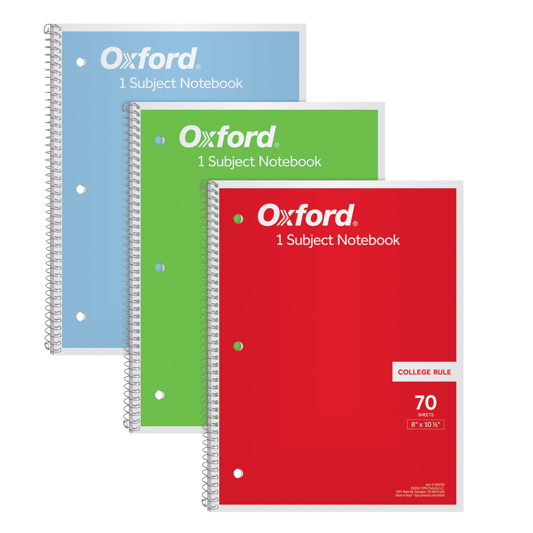 Oxford 1-Subject Notebooks, Notebooks For School, 8 X 10.5 Inches, College Rule, 70 Sheets, Assorted Primary Colors, 3 Pack, Col
