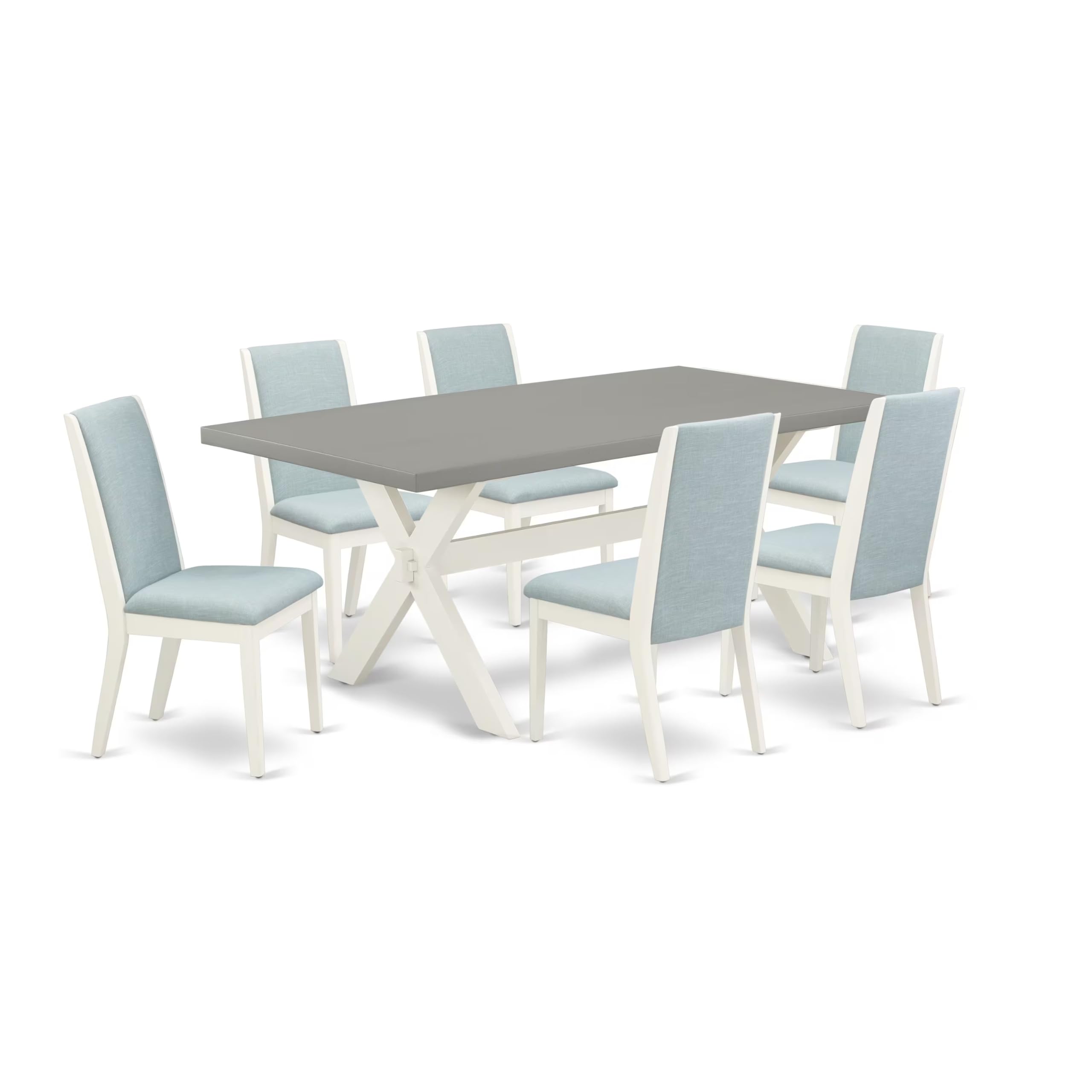 East West Furniture X097La015-7 7 Piece Modern Dining Table Set Consist Of A Rectangle Wooden Table With X-Legs And 6 Baby Blue Linen Fabric Upholstered Chairs, 40X72 Inch, Multi-Color