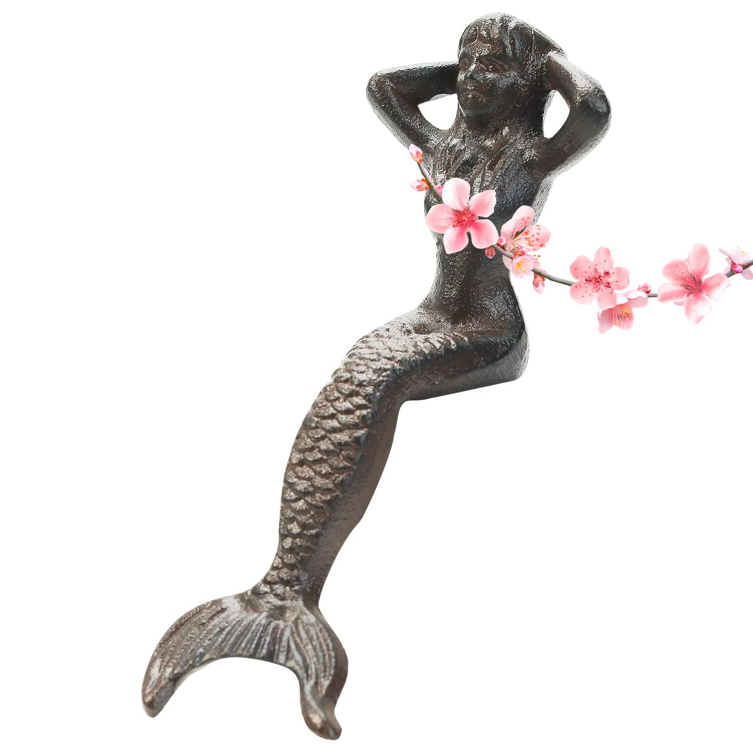 Sungmor Heavy Duty Cast Iron Mermaid Statue - 26Cm Tall Sitting Mermaid Figure Ornament - Great Home & Garden Sculpture For Deco