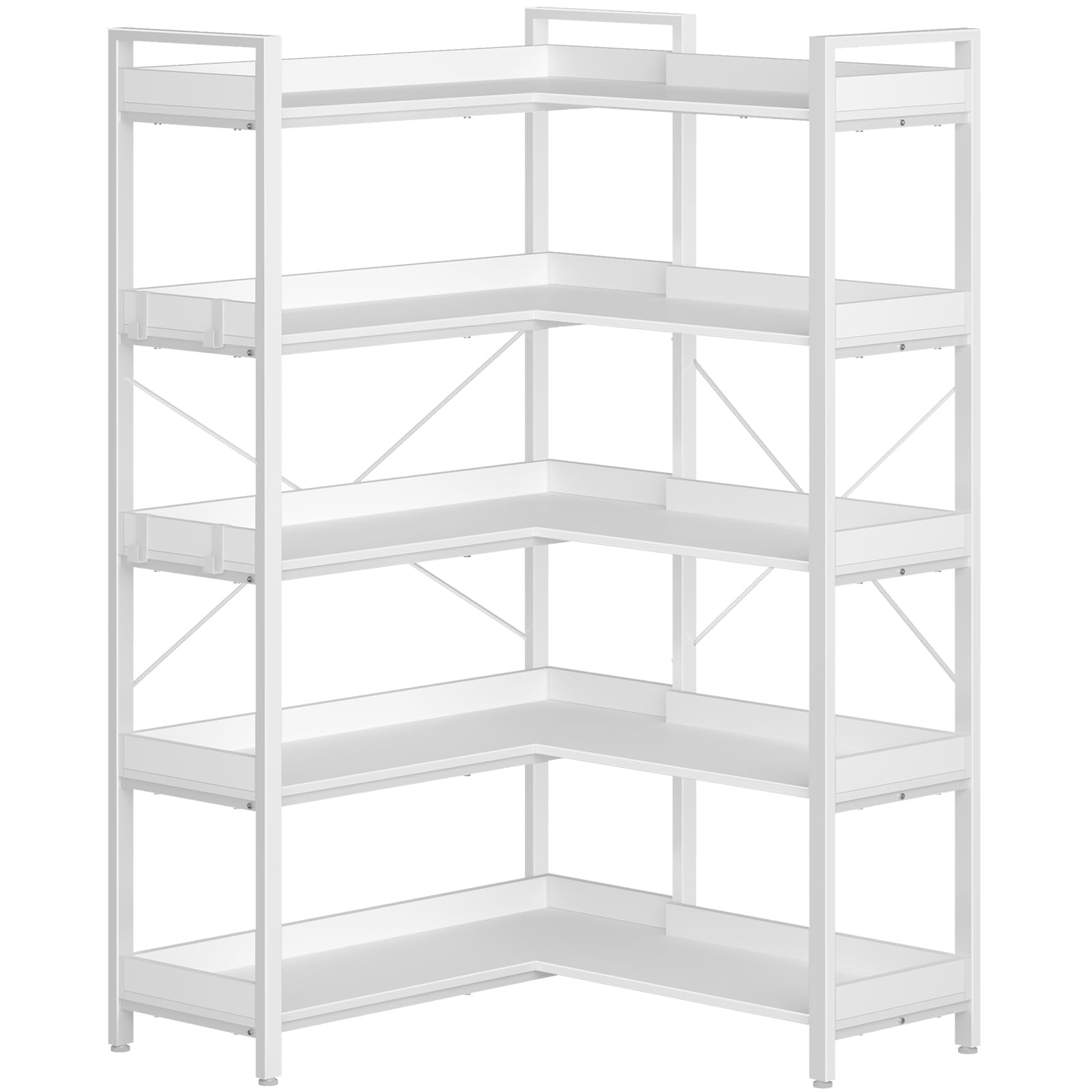 Rolanstar Bookshelf 5 Tier With 4 Hooks, Reversible Corner Bookshelf, 65' Industrial Wooden Bookcase With Open Shelves And Metal Frame For Living Room, Bedroom, Home Office, White