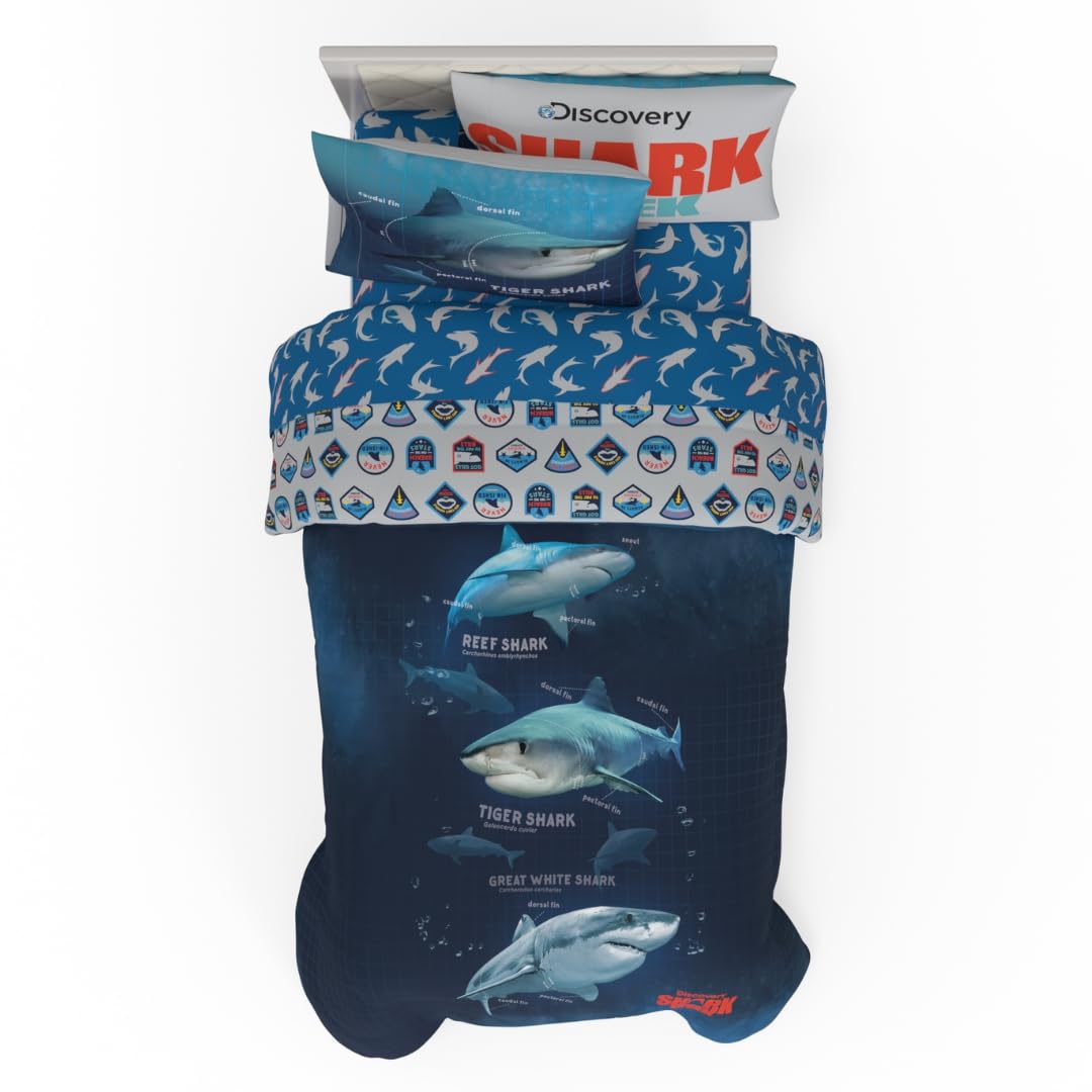 Franco Collectibles Discovery Shark Week Bedding 4 Piece Super Soft Comforter And Sheet Set, Twin, (Officially Licensed Product)