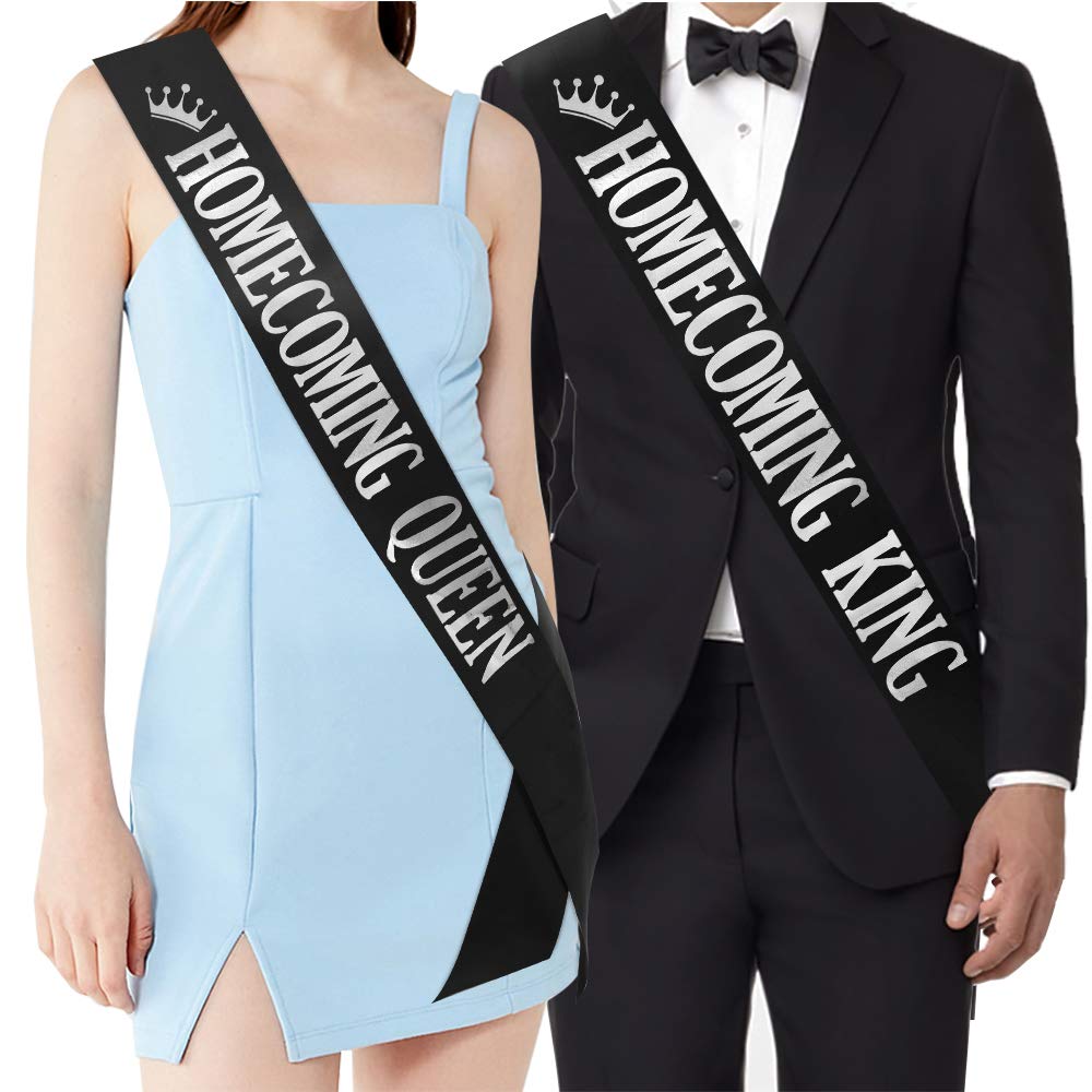 Homecoming King and Homecoming Queen Sashes - Homecoming Party Prom Sashes School Party Accessories, Black with Silver Print