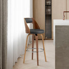 HomeRoots Gray Bent Wood/Metal/Faux Leather 26' Retro Mod Grey Faux Leather and Walnut Swivel Counter Stool