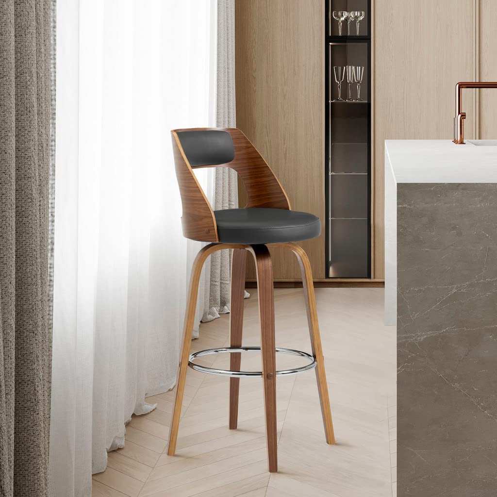 HomeRoots Gray Bent Wood/Metal/Faux Leather 26' Retro Mod Grey Faux Leather and Walnut Swivel Counter Stool