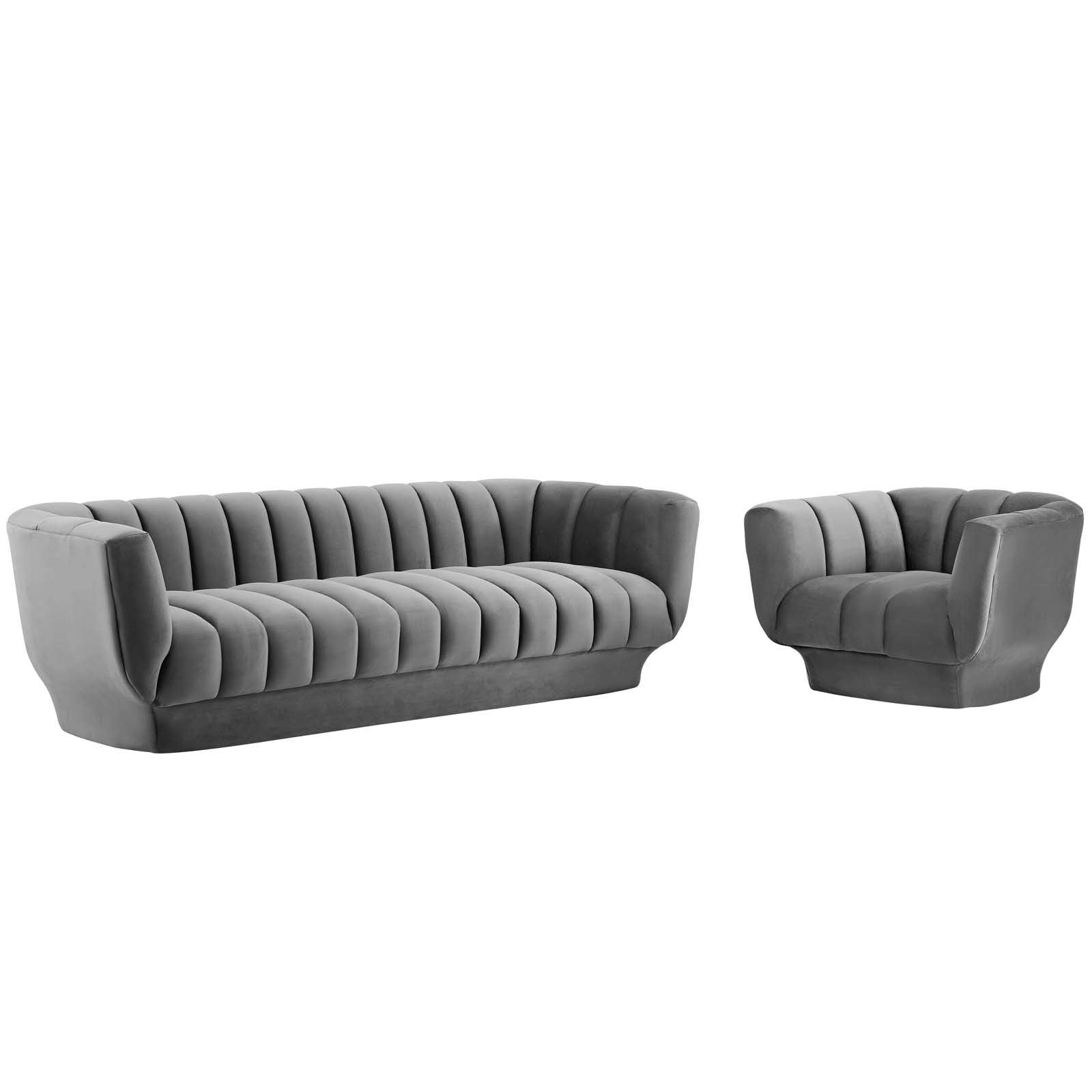 Modway Entertain Sofa And Armchair Set Vertical Channel Tufted Performance Velvet, Gray