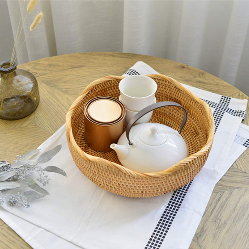 Amololo Handmade Rattan Round Fruit Basket Food Storage Bowls Kitchen Organizer Snack Serving Bowl, 11 Inch Boho Wicker Bread Bo