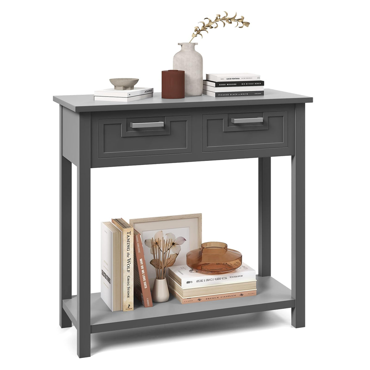 Goflame Console Table With Storage, Wooden Small Entryway Table With 2 Drawers, Open Storage Shelf, Rubber Wood Legs, Modern Entry Table, Narrow Sofa Table For Living Room, Hallway, Entrance (Grey)