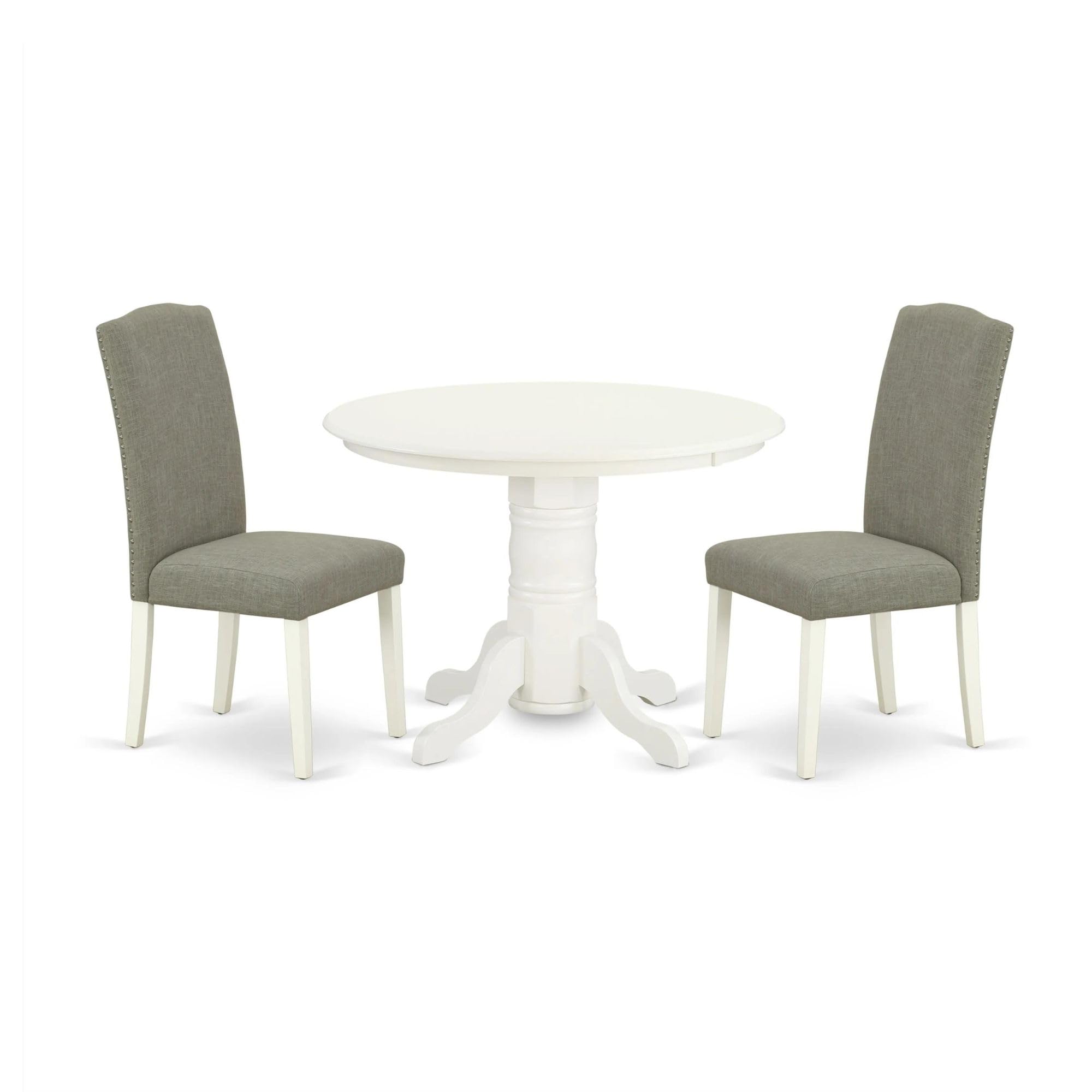 East West Furniture Shen3-Lwh-06 3 Piece Dining Set Contains A Round Kitchen Table With Pedestal And 2 Dark Shitake Linen Fabric Parson Dining Chairs, 42X42 Inch, Linen White
