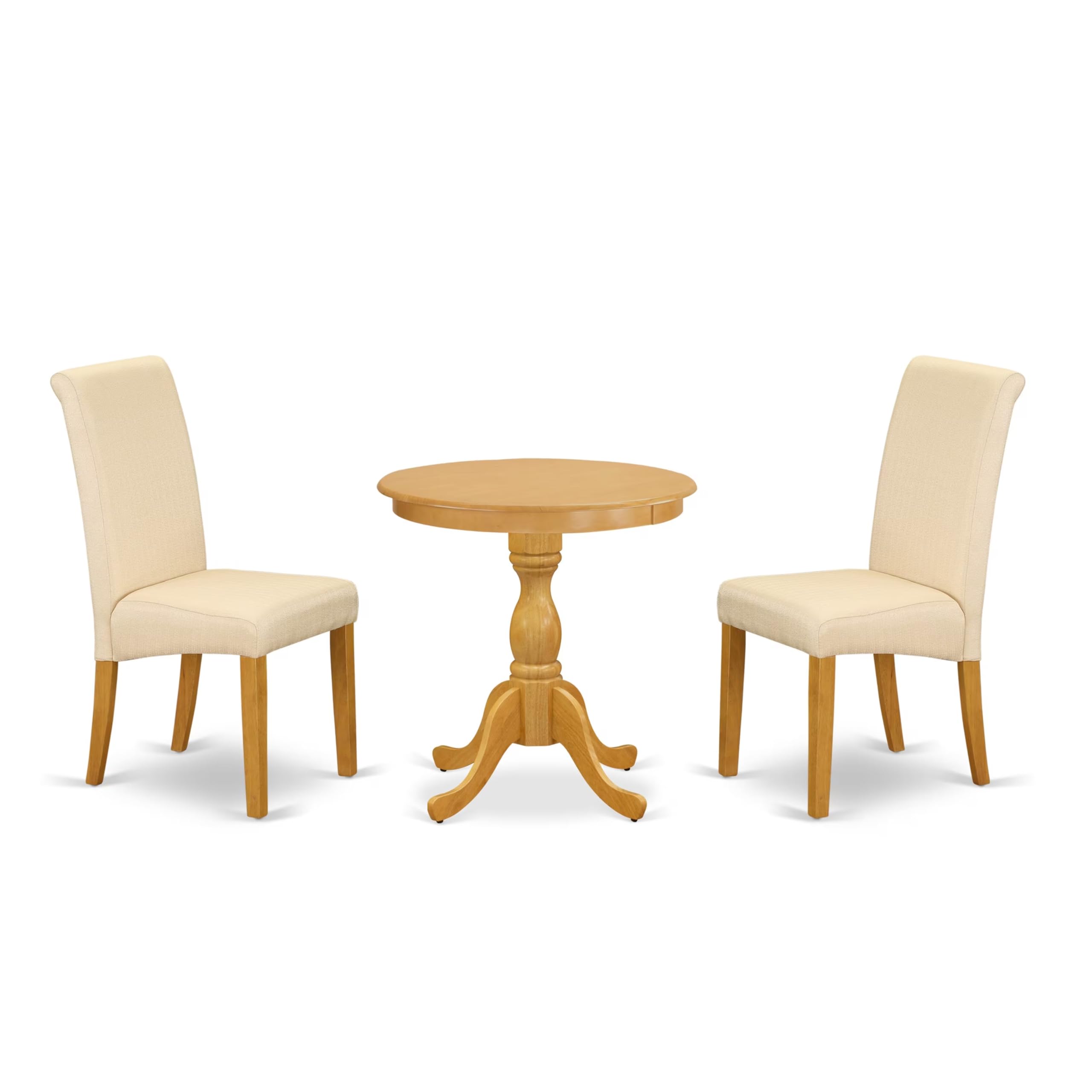 East West Furniture Esba3-Oak-02 3 Piece Kitchen Table Set Contains A Round Dining Table And 2 Light Beige Linen Fabric Upholstered Chairs, 30X30 Inch, Oak