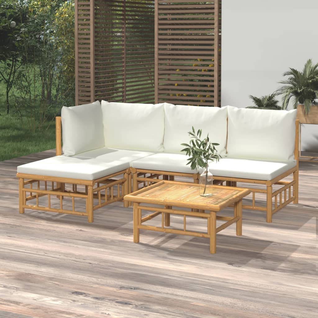 vidaXL 5-Piece Bamboo Patio Lounge Set, Cream White Cushions, with Sturdy Table for Outdoor, Garden, Backyard Living – Modular & Weather-Resistant Design