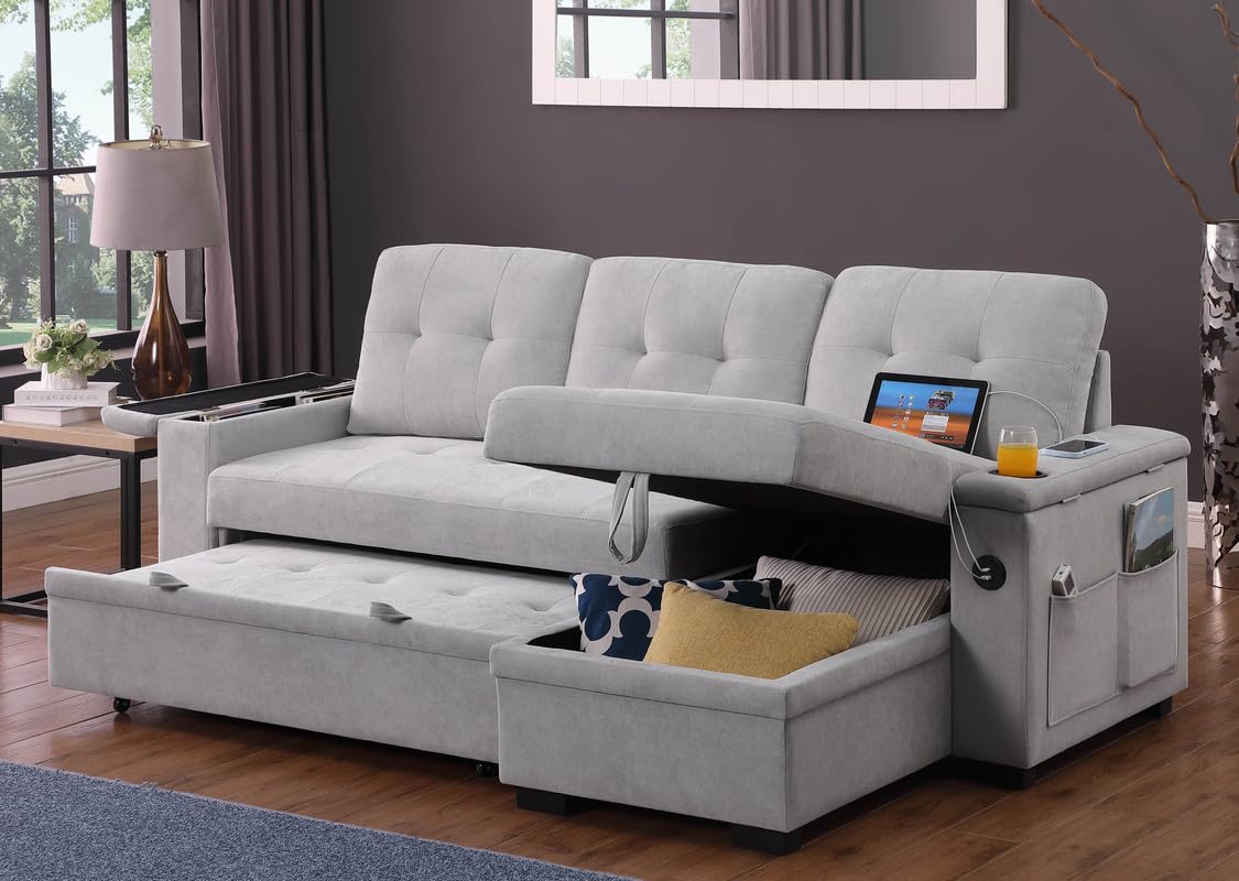 Lilola Home Ashlyn II 84&quot; W Gray Woven Fabric Reversible Sleeper Sectional Sofa with Storage Chaise, Storage Arm, Cup Holder, Charging Ports, Side Pockets, and Pocket Coil Seating