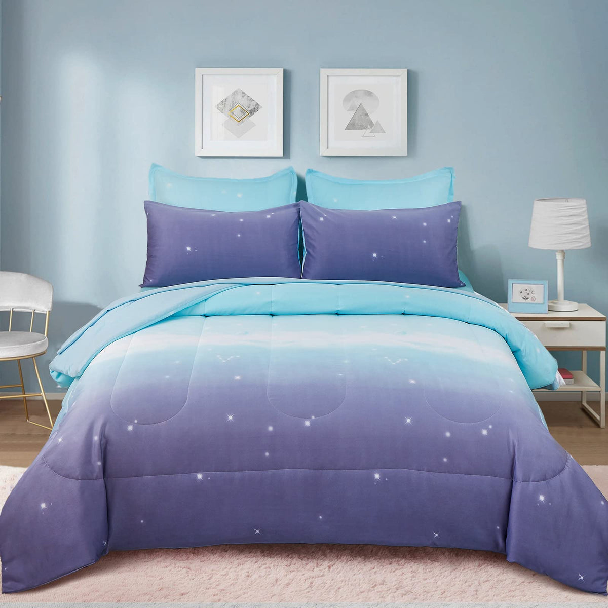 Girls Comforter Set Full Size Colorful Ombre Blue Purple Rainbow Bedding Set Bed In A Bag For Kid Teen Girls 7 Pieces (1 Comfort