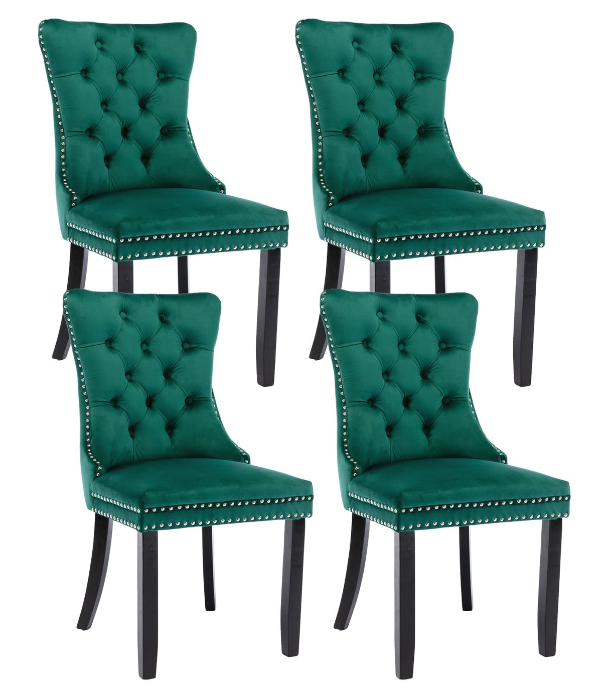Green Velvet Dining Chairs Set Of 4, Upholstered Dining Room Chairs With Back Ring Pull Trim And Solid Wood Legs, Tufted Wingbac